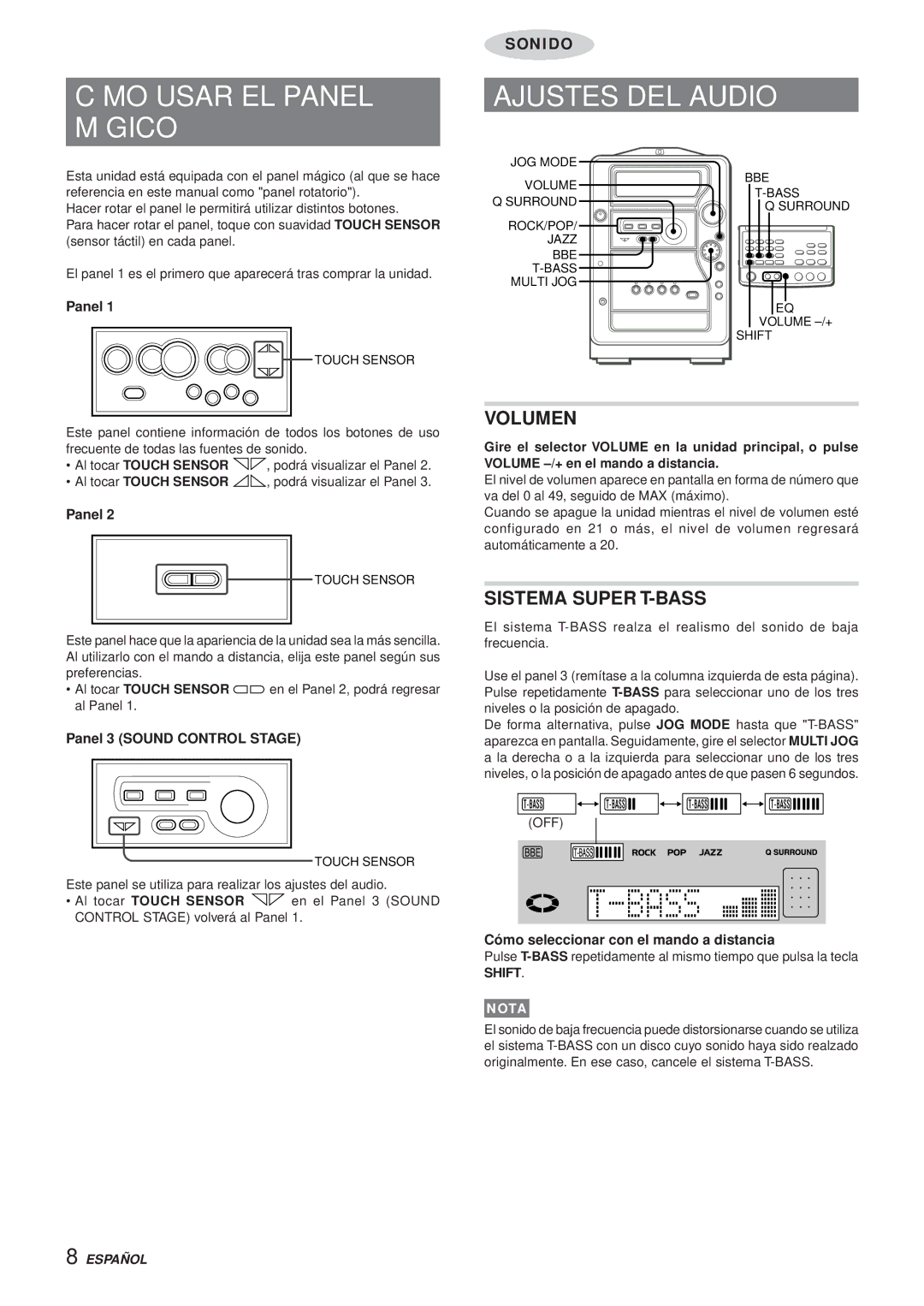 Aiwa XR-MR5 manual Cómo Usar EL Panel Mágico, Ajustes DEL Audio, Volumen, Sistema Super T-BASS 