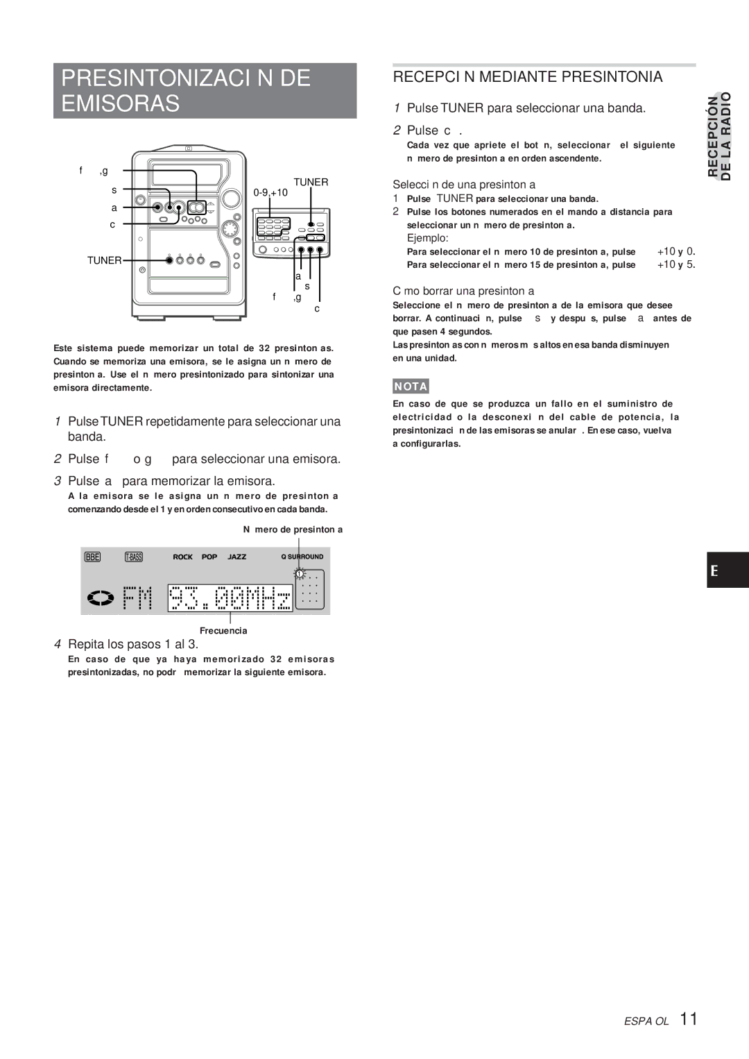 Aiwa XR-MR5 Presintonización DE Emisoras, Recepción Mediante Presintonia, Pulse Tuner para seleccionar una banda Pulse c 