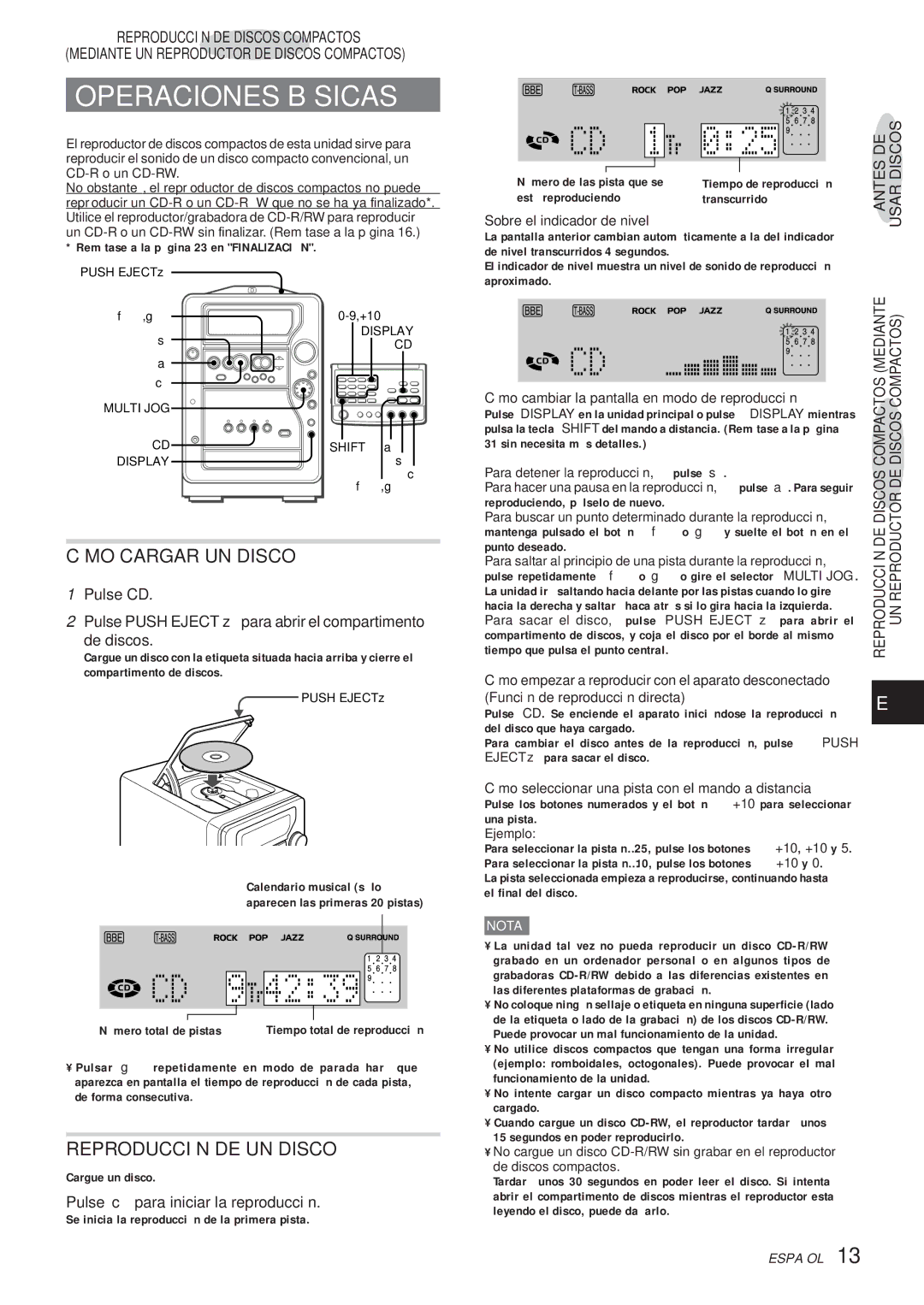 Aiwa XR-MR5 manual Operaciones Básicas, Cómo Cargar UN Disco, Reproducción DE UN Disco, Reproducción DE Discos Compactos 