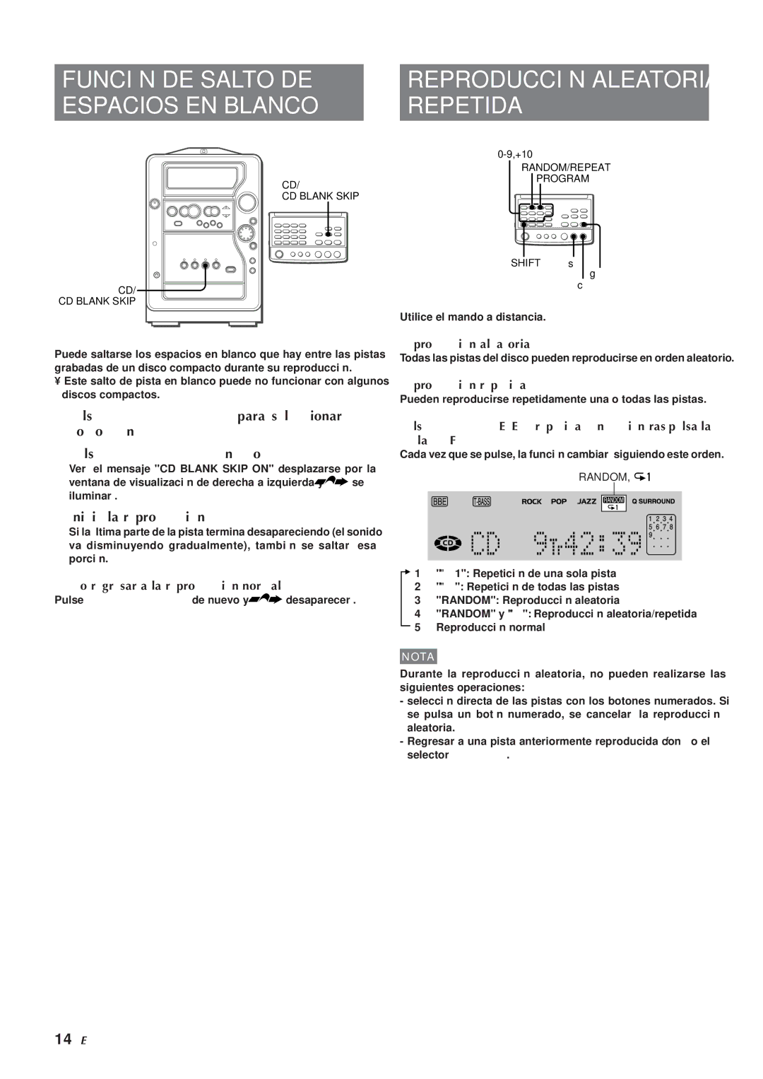 Aiwa XR-MR5 manual Función DE Salto DE Espacios EN Blanco, Reproducción Aleatoria Repetida, Inicie la reproducción 