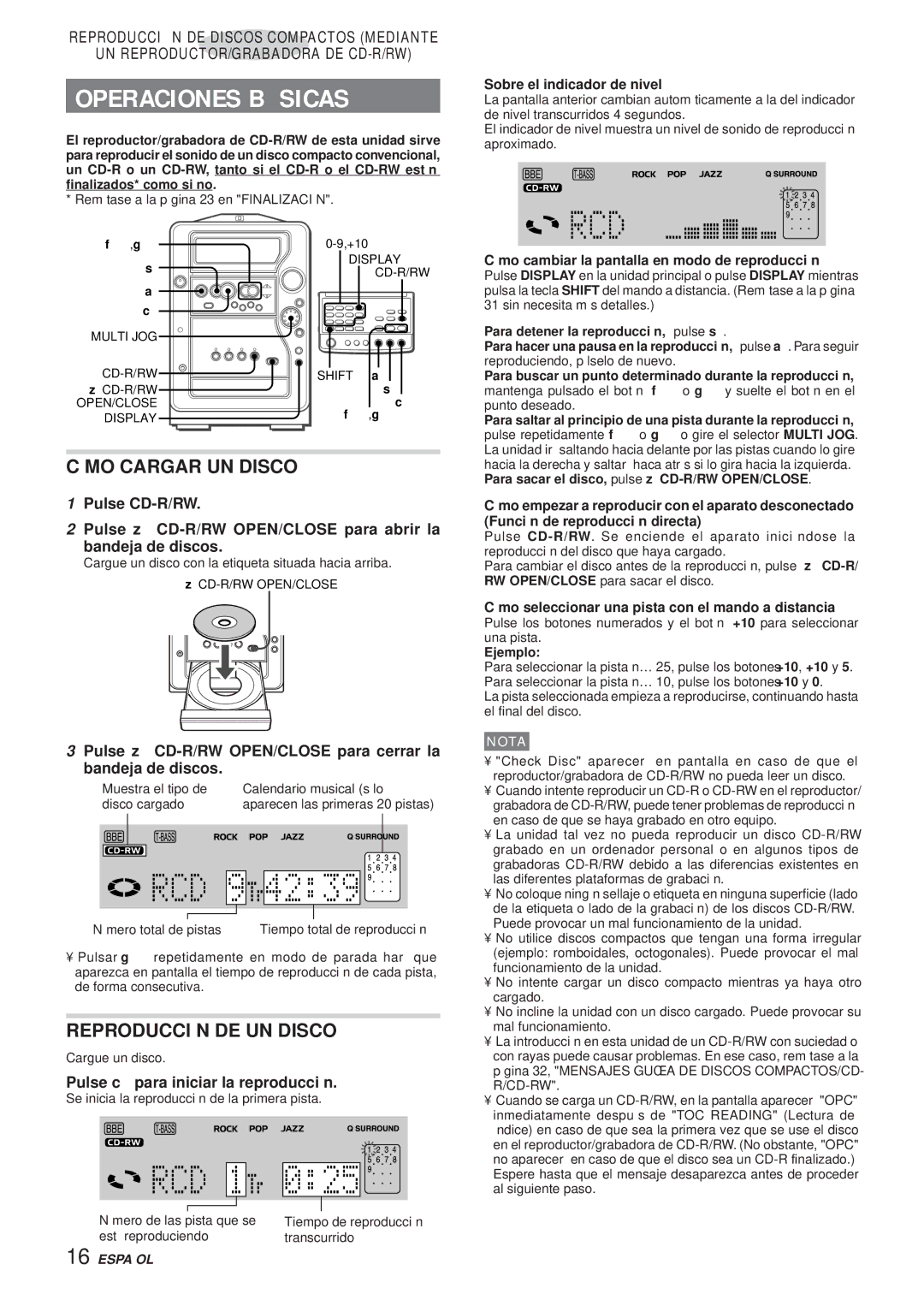 Aiwa XR-MR5 manual Operaciones Básicas, Pulse z CD-R/RW OPEN/CLOSE para cerrar la bandeja de discos 