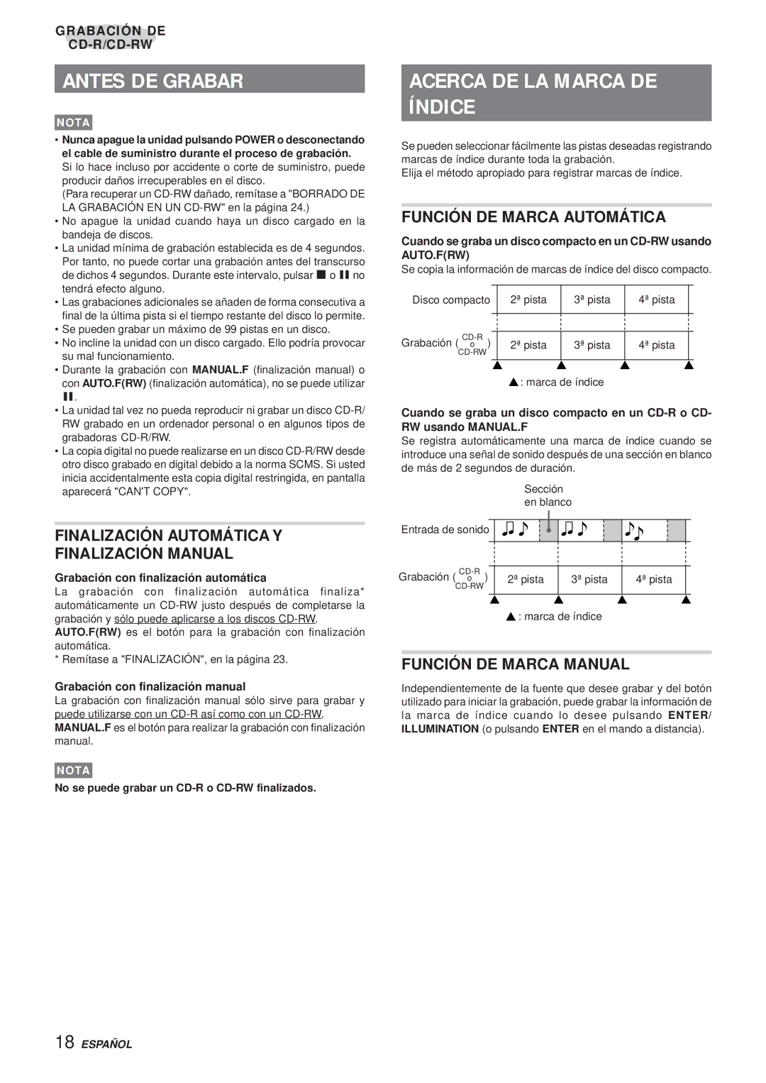 Aiwa XR-MR5 manual Antes DE Grabar, Acerca DE LA Marca DE Índice, Finalización Automática Y Finalización Manual 