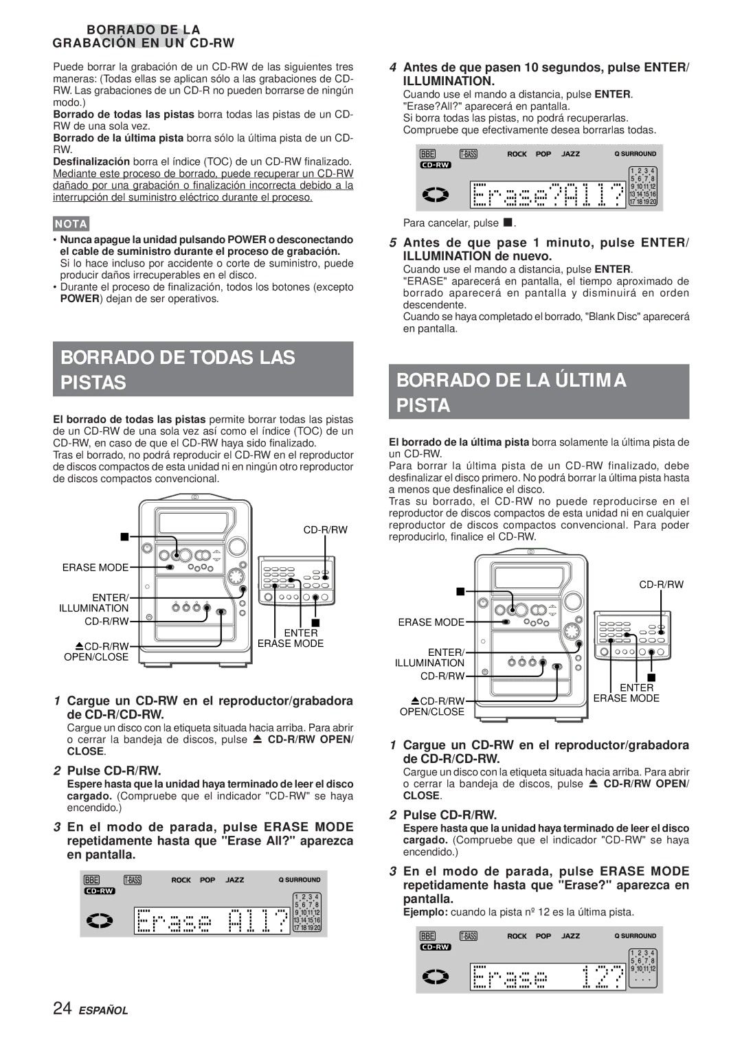 Aiwa XR-MR5 manual Borrado DE Todas LAS Pistas, Borrado DE LA Última Pista 