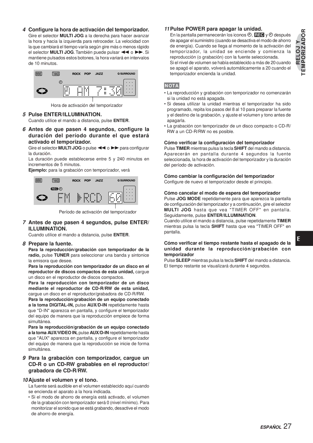 Aiwa XR-MR5 manual Configure la hora de activación del temporizador, Pulse ENTER/ILLUMINATION, Prepare la fuente 