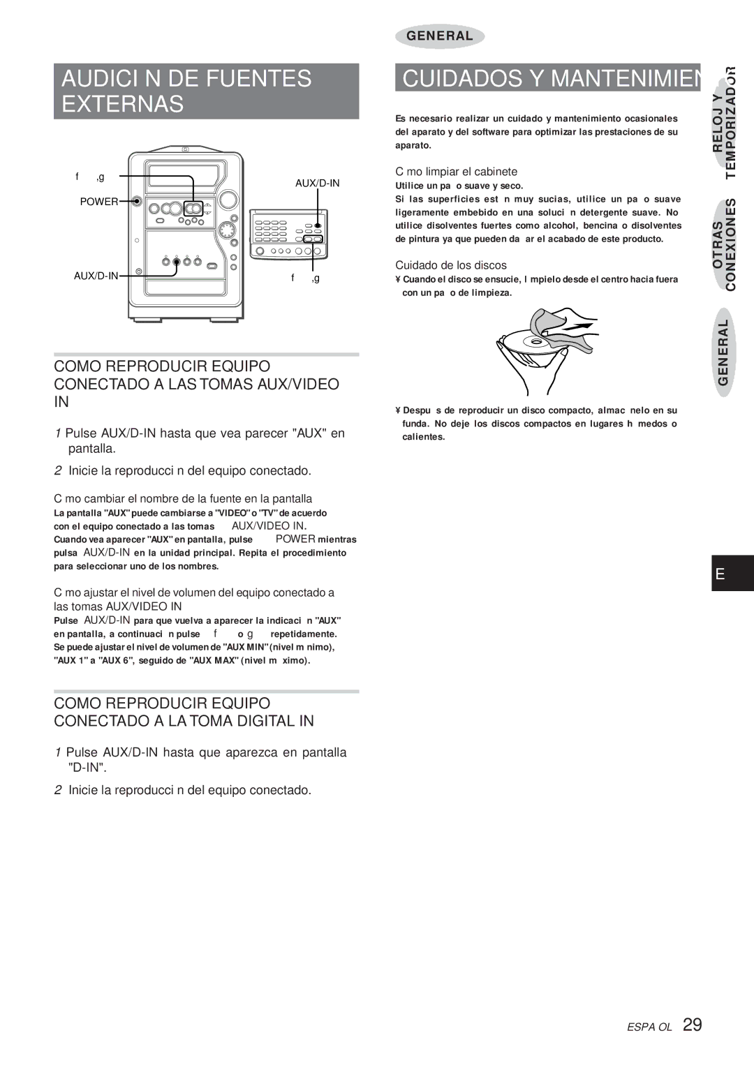 Aiwa XR-MR5 manual Audición DE Fuentes Externas, Como Reproducir Equipo Conectado a LAS Tomas AUX/VIDEO, General Yreloj 