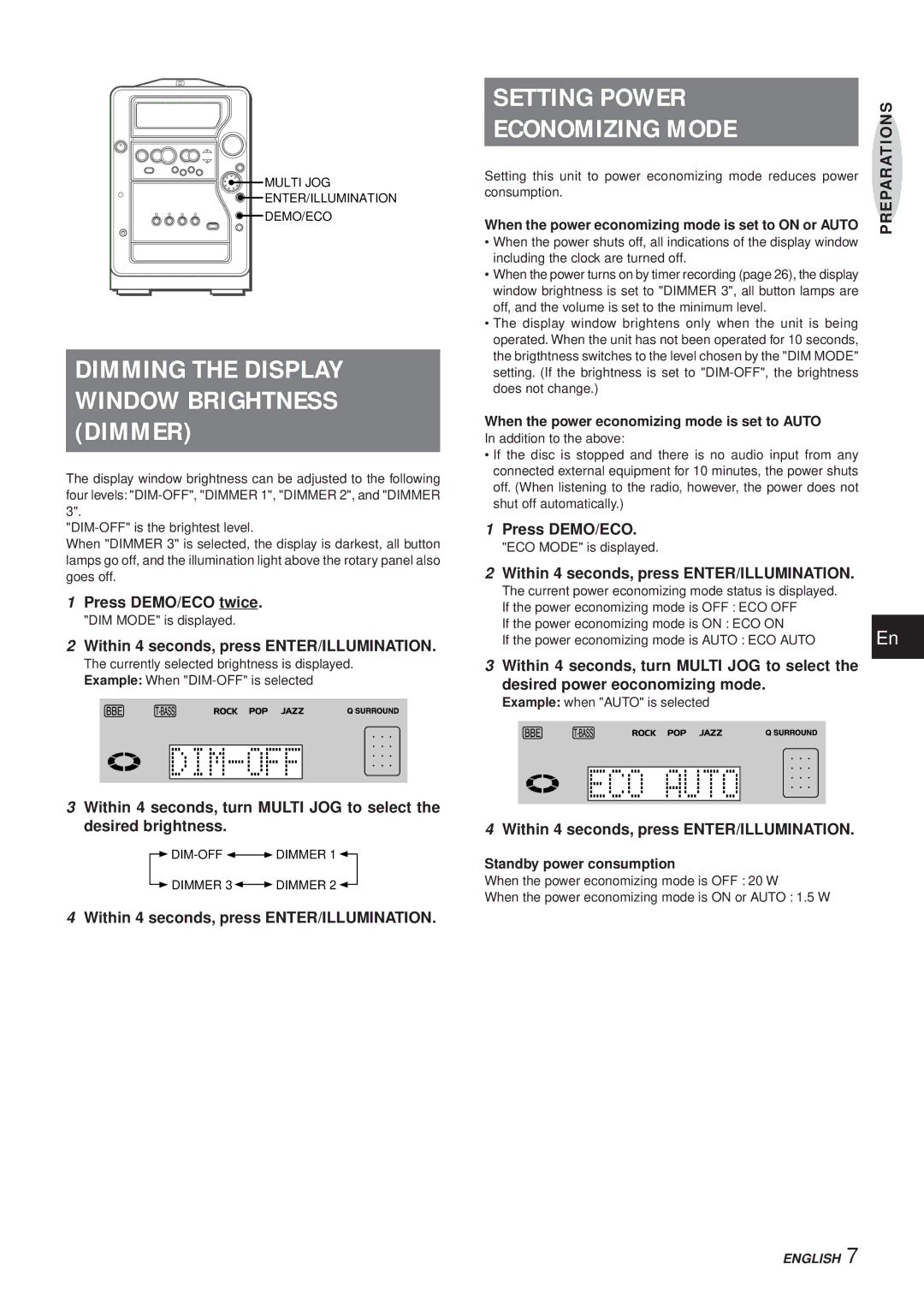 Aiwa XR-MR5 manual Setting Power, Economizing Mode, Press DEMO/ECO twice, Within 4 seconds, press ENTER/ILLUMINATION 