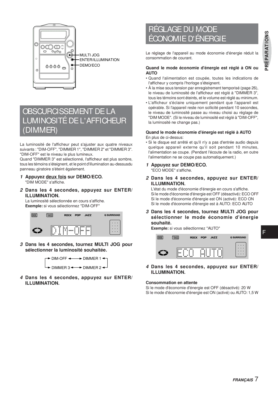 Aiwa XR-MR5 manual Obscurcissement DE LA Luminosité DE Lafficheur Dimmer, Réglage DU Mode, Économie Dénergie 