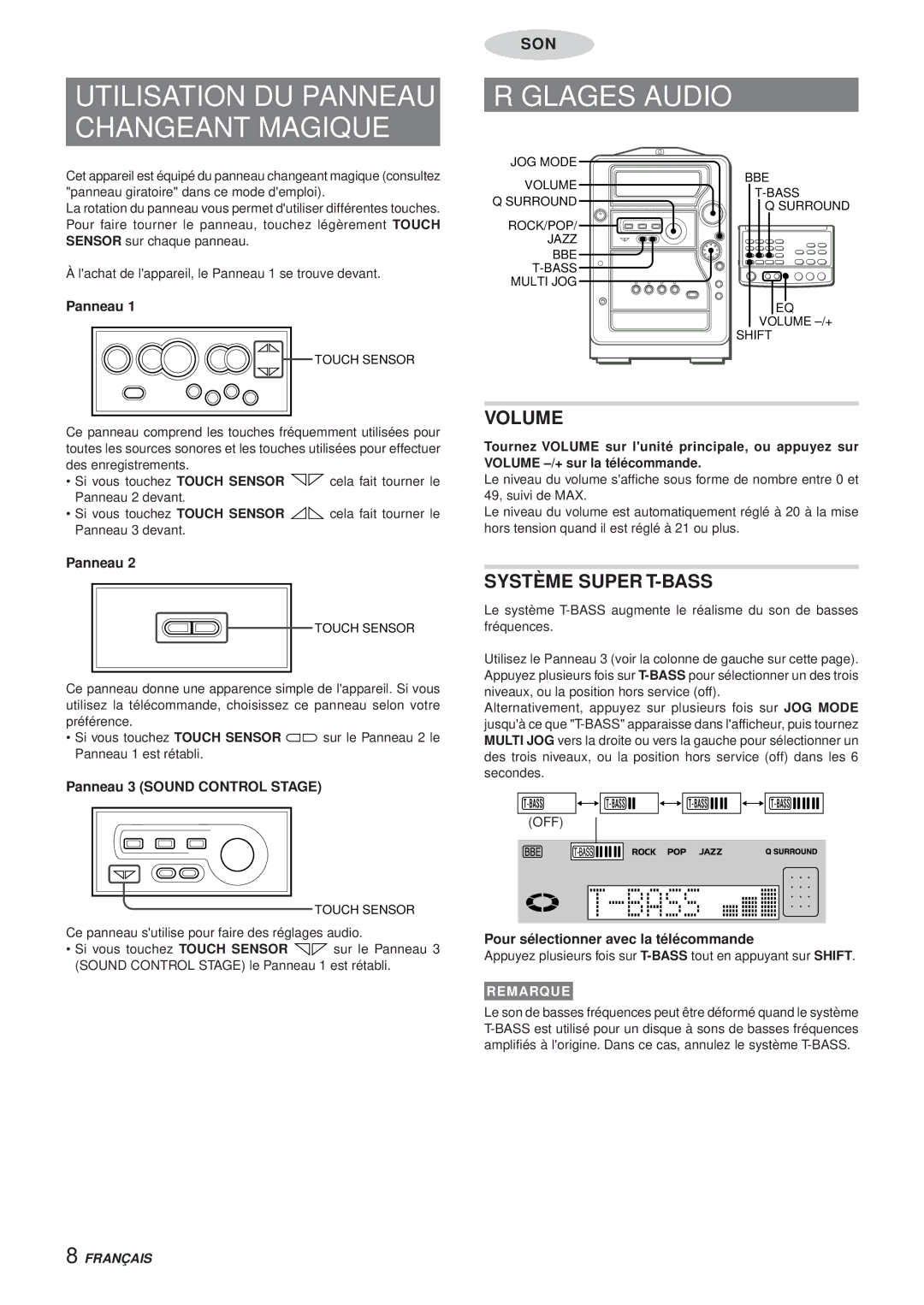 Aiwa XR-MR5 manual Utilisation DU Panneau Changeant Magique, Réglages Audio, Système Super T-BASS 