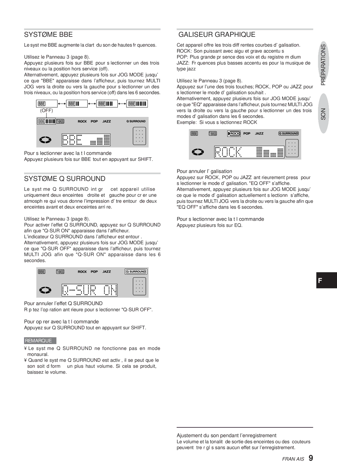 Aiwa XR-MR5 manual Système BBE, Système Q Surround, Égaliseur Graphique, SON Préparations 