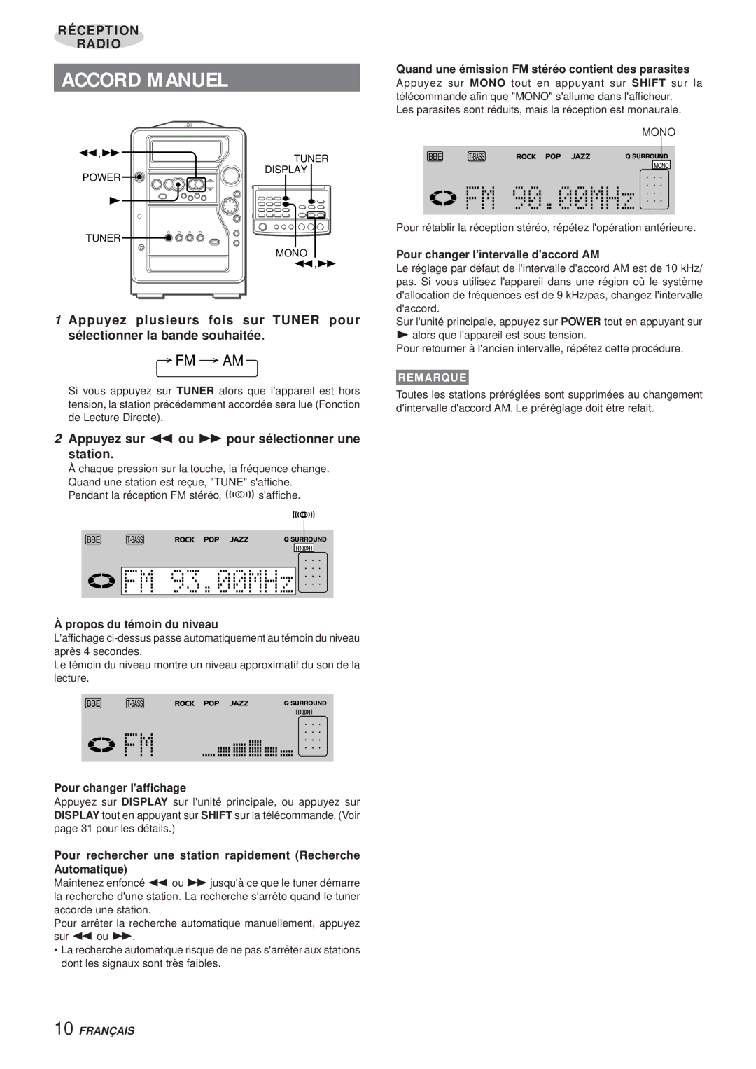 Aiwa XR-MR5 manual Accord Manuel, Appuyez sur f ou g pour sélectionner une station 