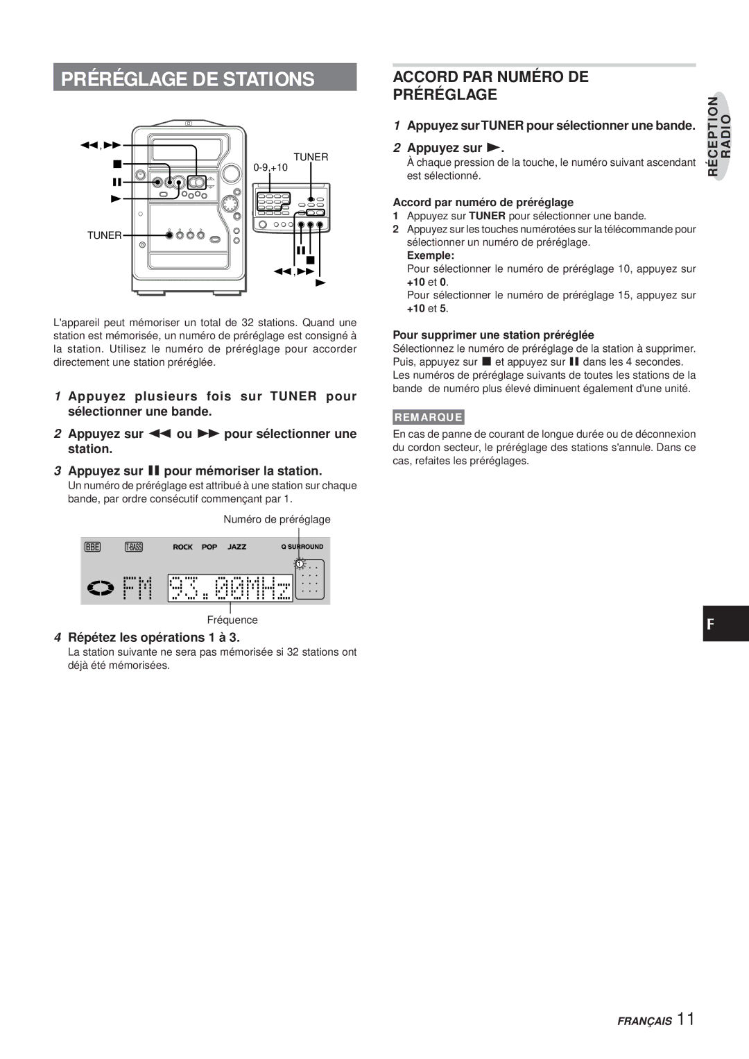 Aiwa XR-MR5 manual Préréglage DE Stations, Répétez les opérations 1 à, Accord par numéro de préréglage, Exemple 