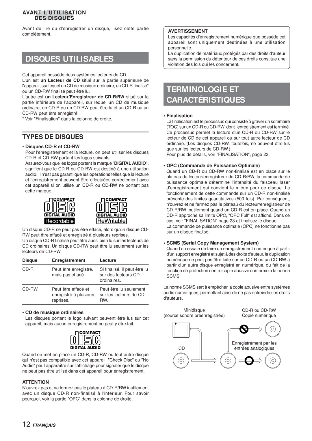 Aiwa XR-MR5 manual Disques Utilisables, Terminologie ET Caractéristiques, Types DE Disques, Avertissement 