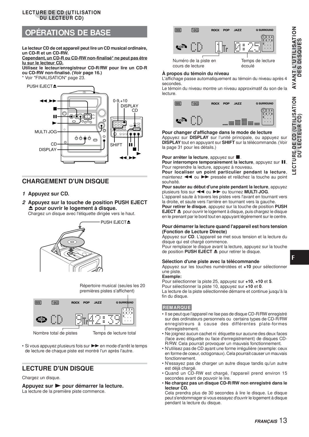 Aiwa XR-MR5 manual Opérations DE Base, Chargement DUN Disque, Lecture DUN Disque, Lutilisationavant Disquesdes 