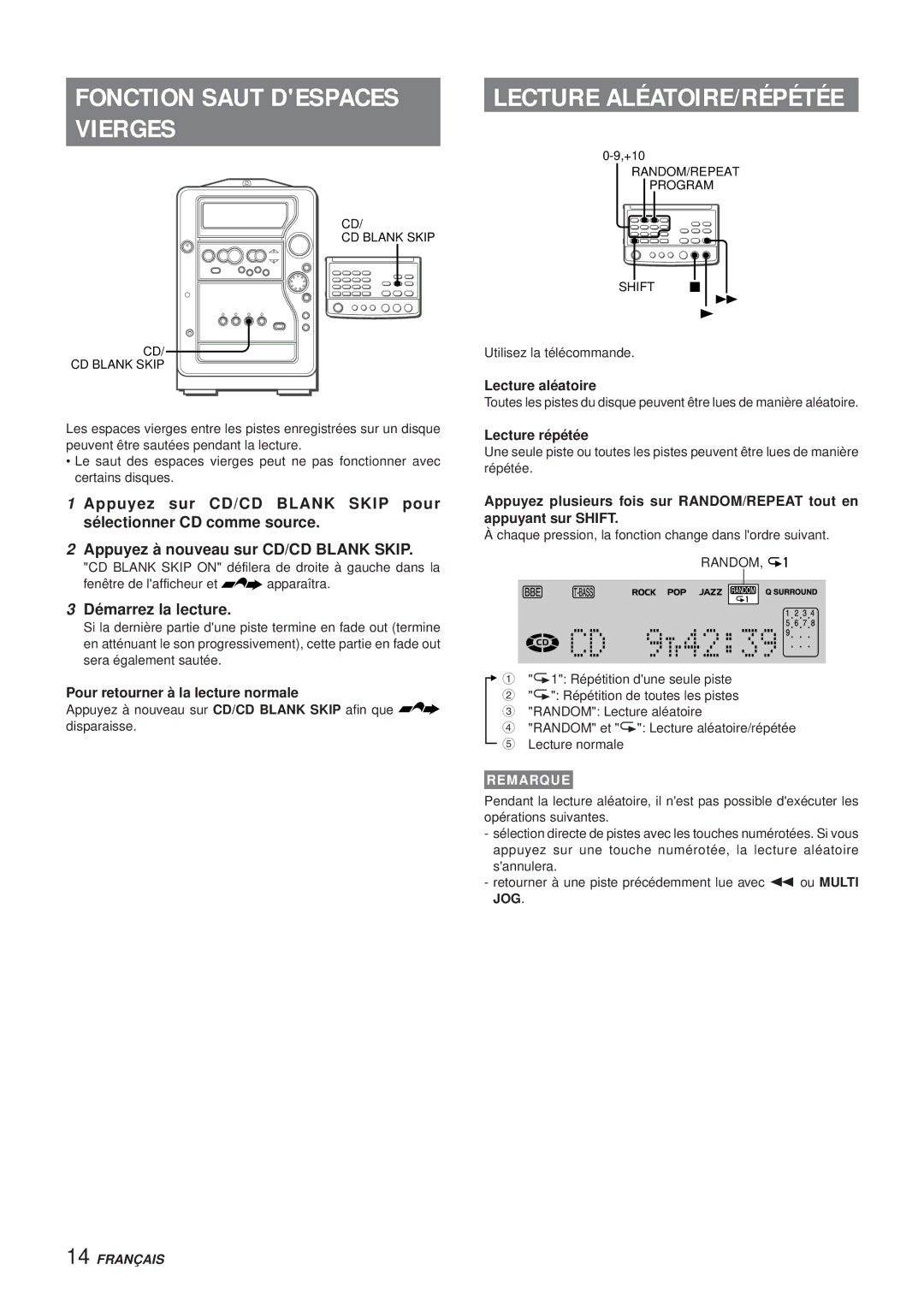 Aiwa XR-MR5 Fonction Saut Despaces Vierges, Démarrez la lecture, Pour retourner à la lecture normale, Lecture aléatoire 