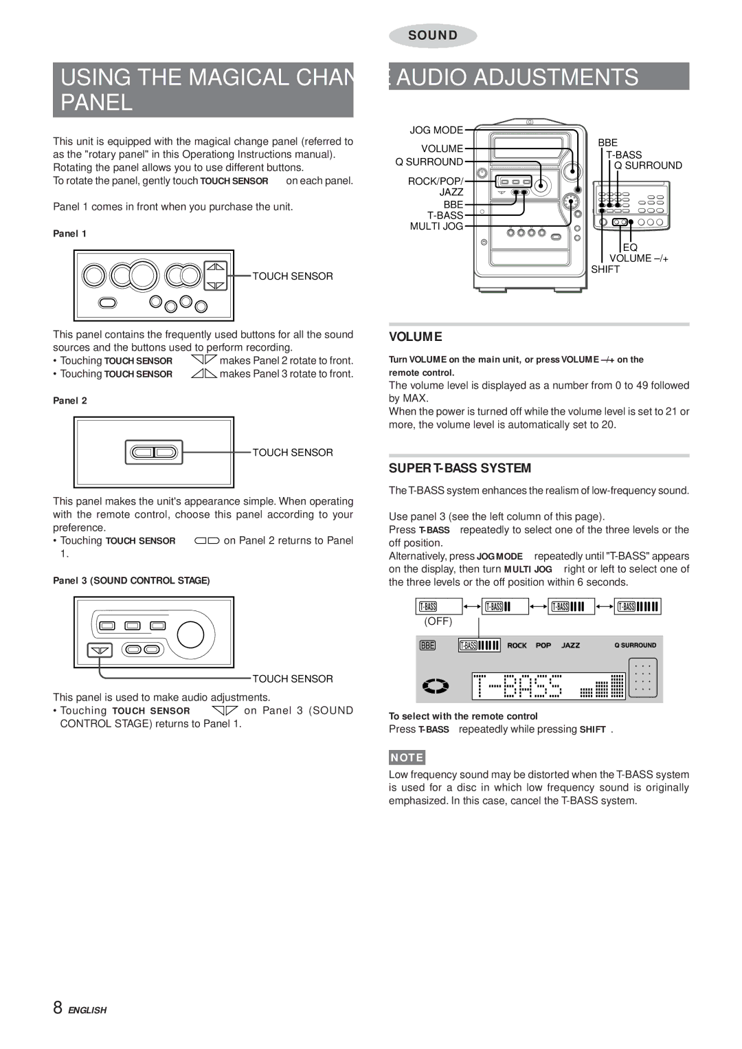 Aiwa XR-MR5 manual Panel, Audio Adjustments, Volume, Super T-BASS System 