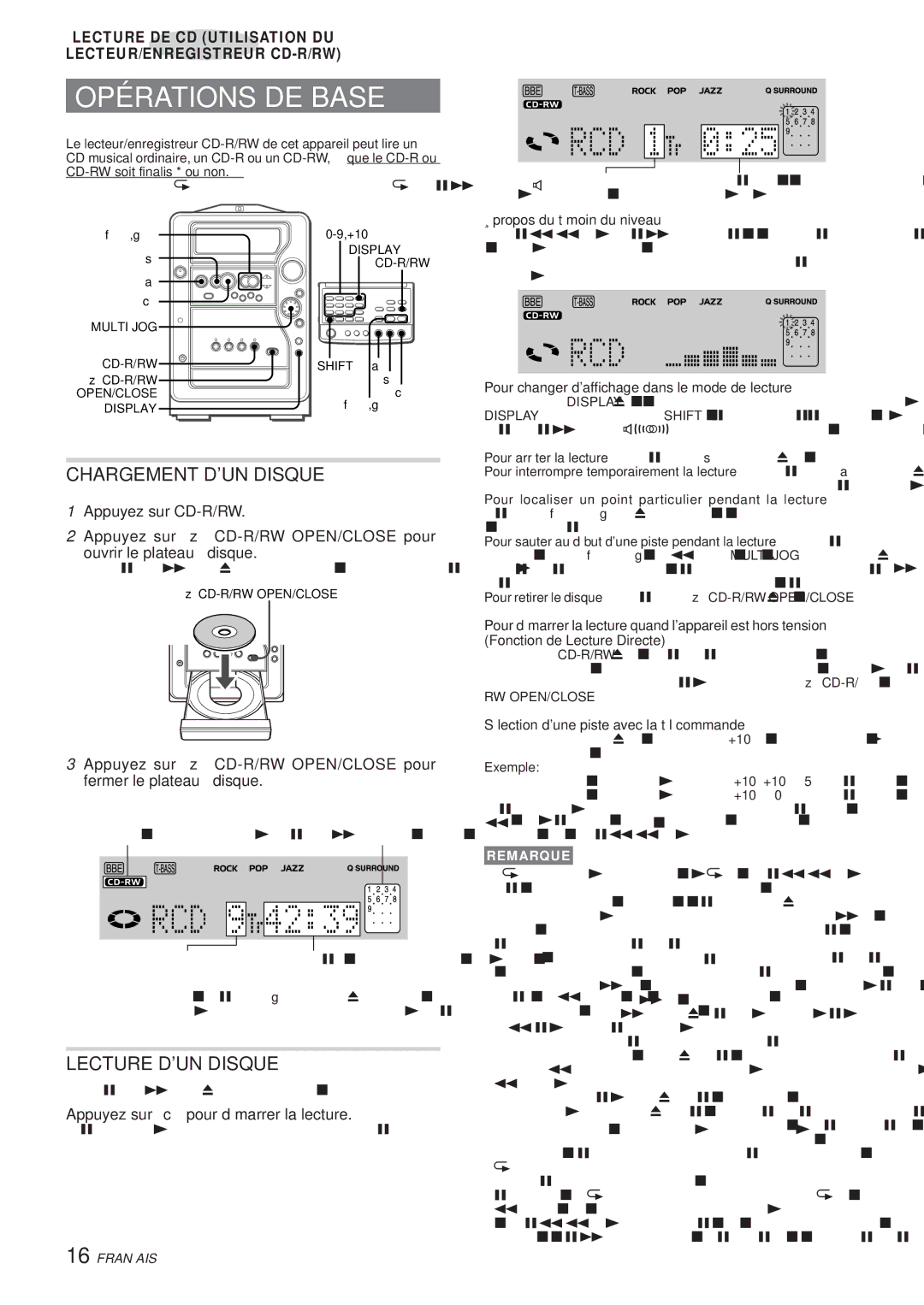 Aiwa XR-MR5 manual Opérations DE Base, Lecture DE CD Utilisation DU LECTEUR/ENREGISTREUR CD-R/RW 