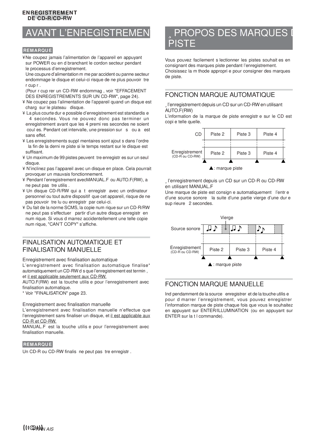 Aiwa XR-MR5 manual Avant Lenregistrement, Propos DES Marques DE Piste, Finalisation Automatique ET Finalisation Manuelle 
