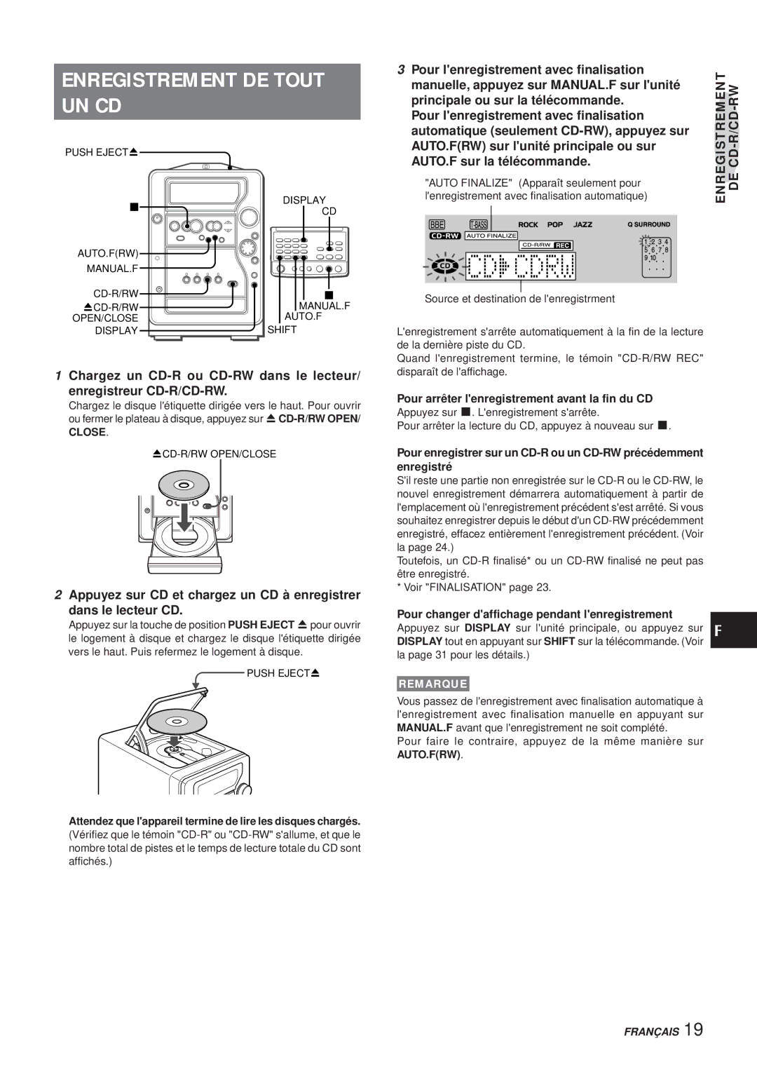 Aiwa XR-MR5 manual Enregistrement DE Tout UN CD, Pour arrêter lenregistrement avant la fin du CD 