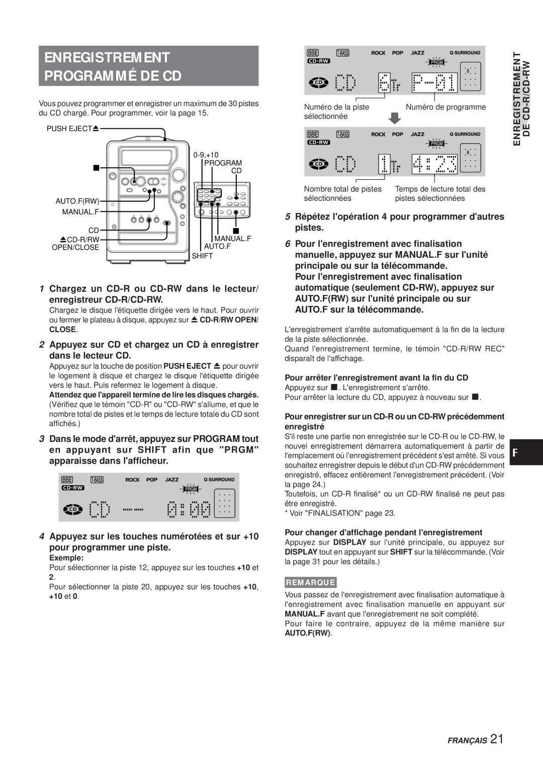 Aiwa XR-MR5 manual Enregistrement Programmé DE CD, Numéro de la piste Numéro de programme 