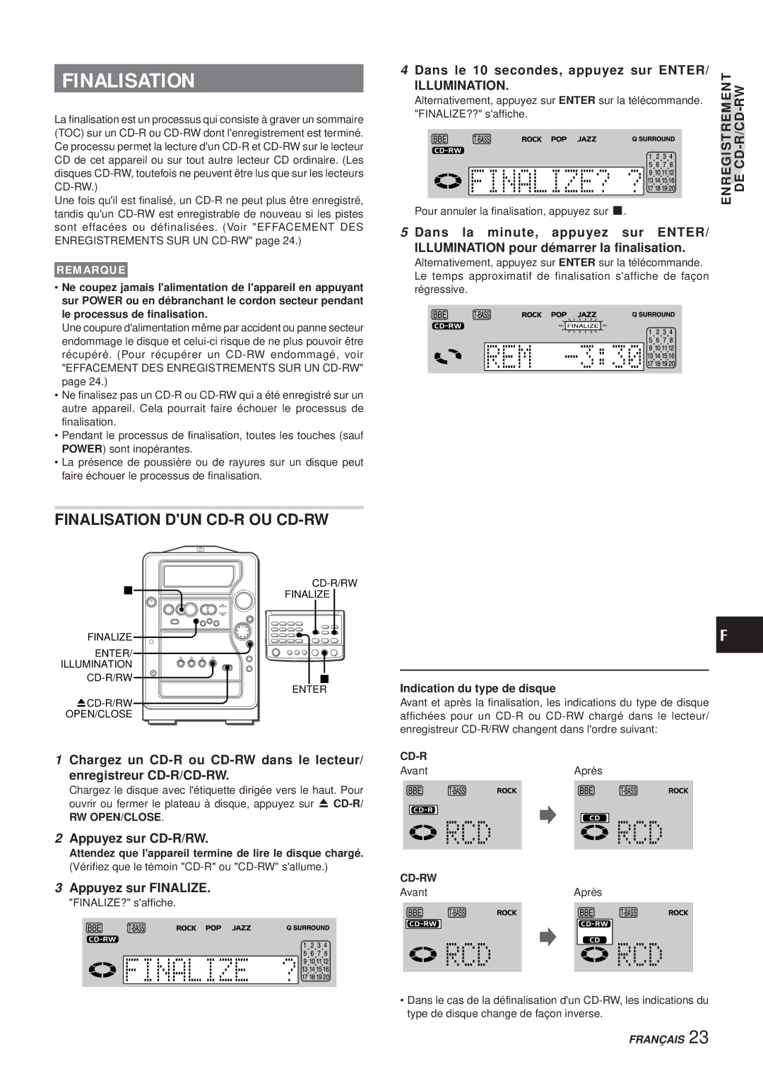 Aiwa XR-MR5 Finalisation DUN CD-R OU CD-RW, Dans le 10 secondes, appuyez sur ENTER/ Illumination, Appuyez sur CD-R/RW 