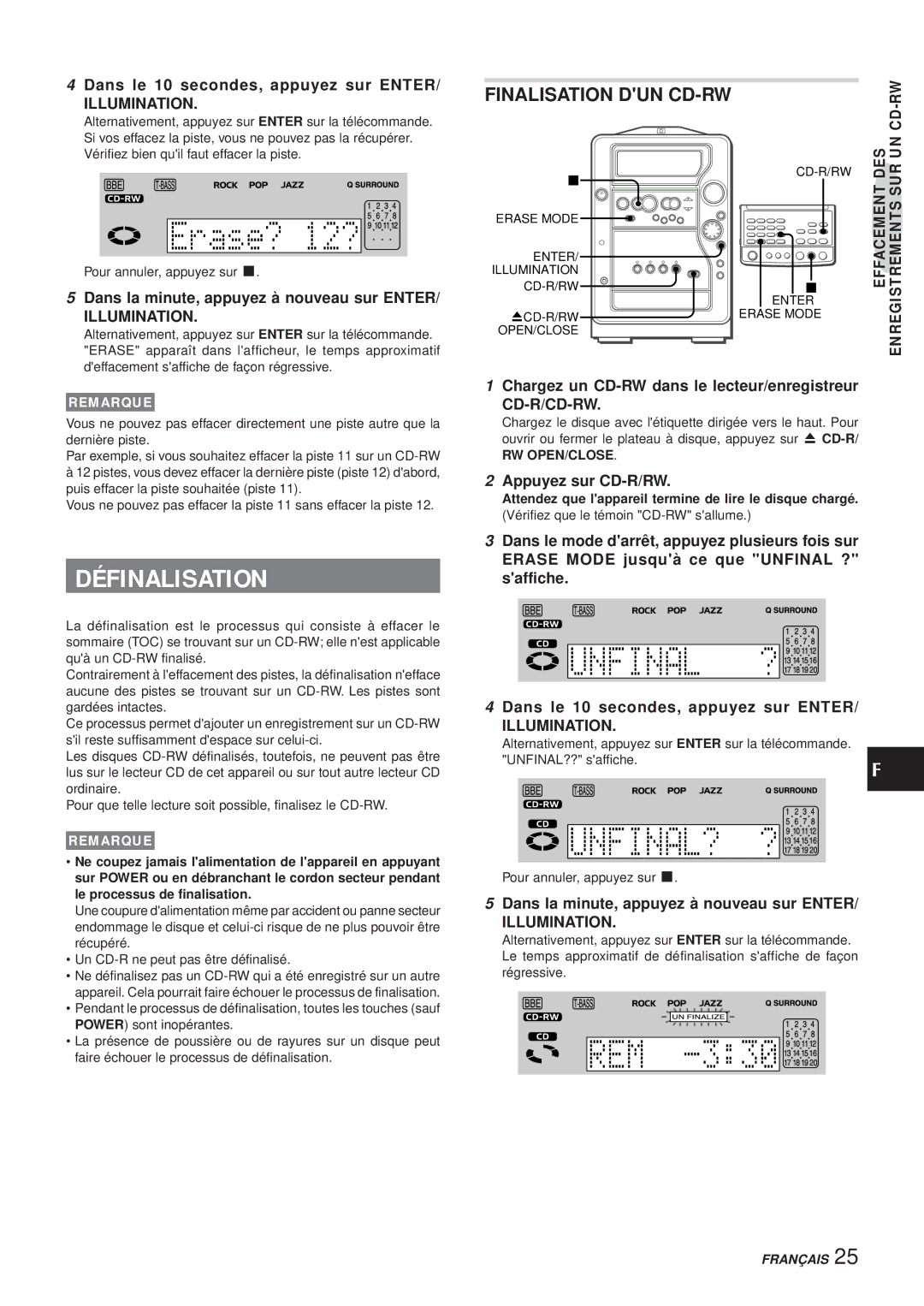 Aiwa XR-MR5 manual Définalisation, Dans la minute, appuyez à nouveau sur Enter, Le processus de finalisation 