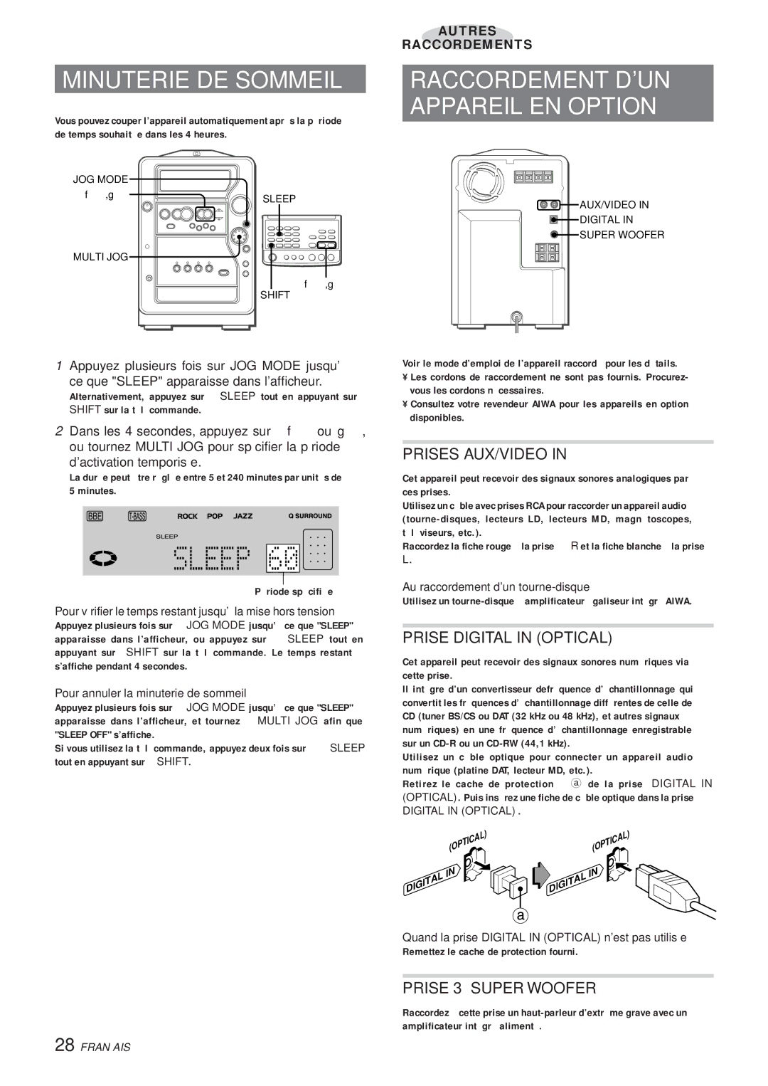 Aiwa XR-MR5 manual Minuterie DE Sommeil, Raccordement DUN Appareil EN Option, Prises AUX/VIDEO, Prise Digital in Optical 