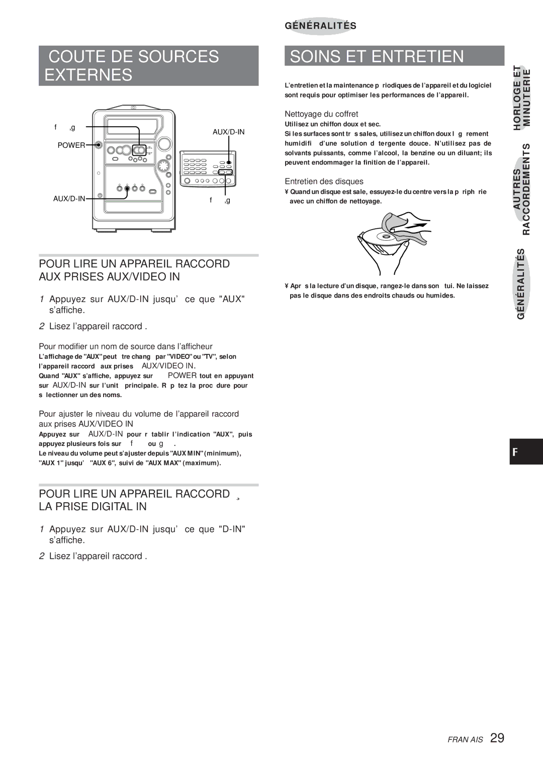 Aiwa XR-MR5 manual Écoute DE Sources Externes, Soins ET Entretien, Pour Lire UN Appareil Raccordé À LA Prise Digital 