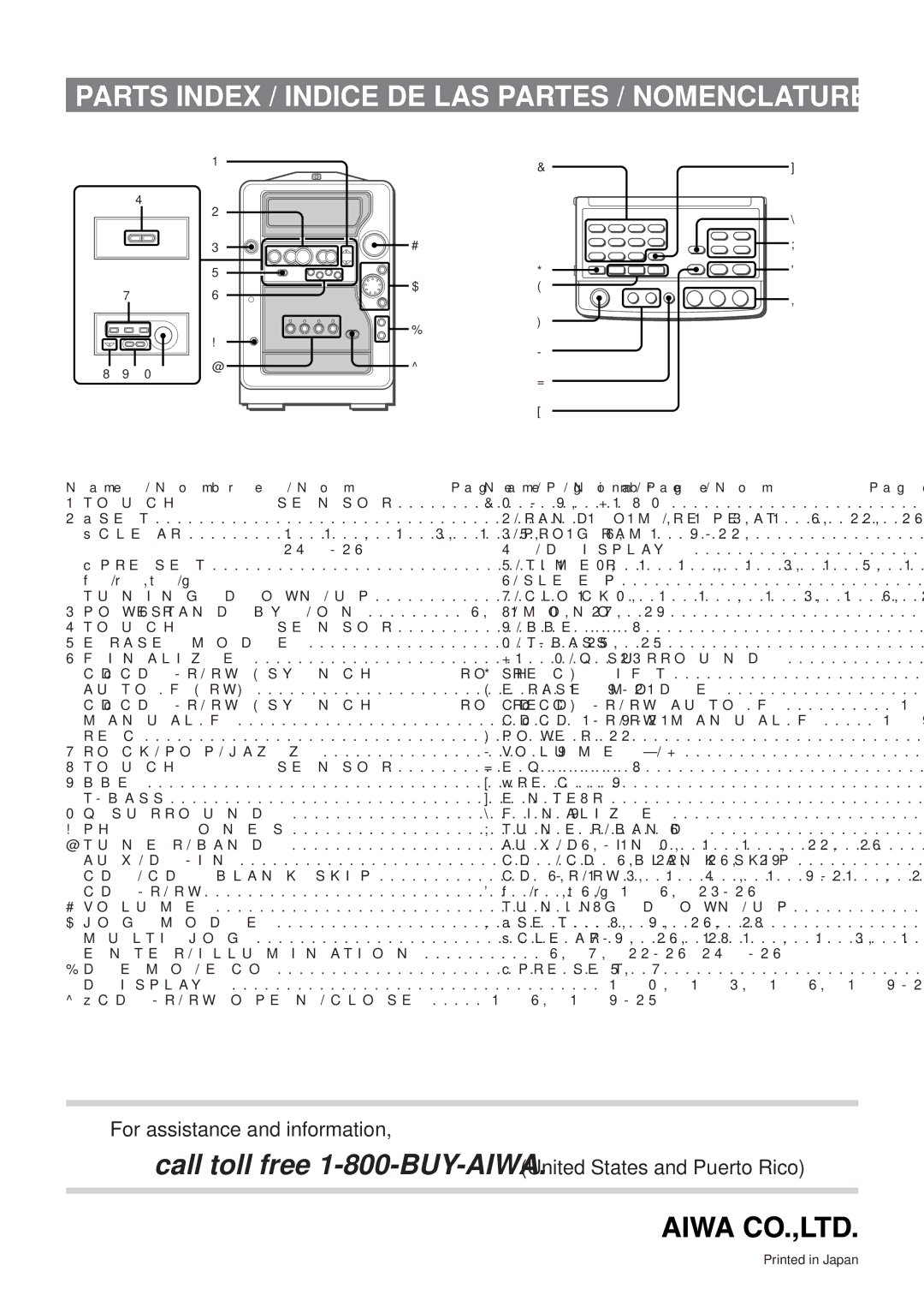 Aiwa XR-MR5 manual Parts Index / Indice DE LAS Partes / Nomenclature 