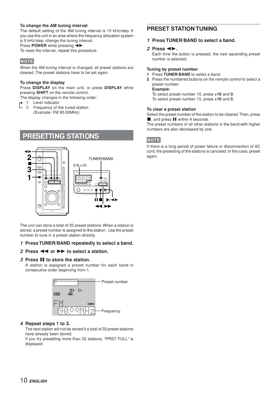 Aiwa XR-MS3 manual Presetting Stations, Preset Station Tuning, Repeat steps 1 to, Press TUNER/BAND to select a band Press d 