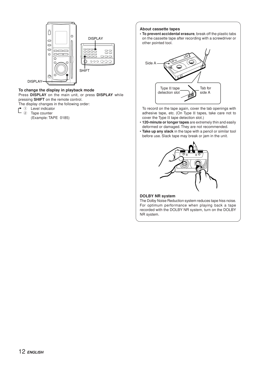 Aiwa XR-MS3 manual To change the display in playback mode, About cassette tapes, Dolby NR system 