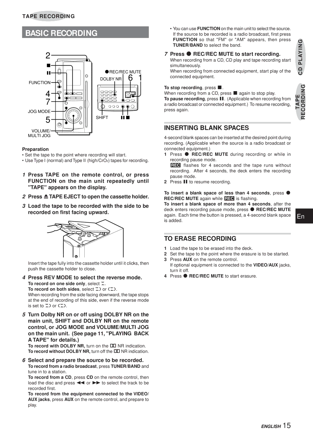 Aiwa XR-MS3 manual Basic Recording, Inserting Blank Spaces, To Erase Recording 