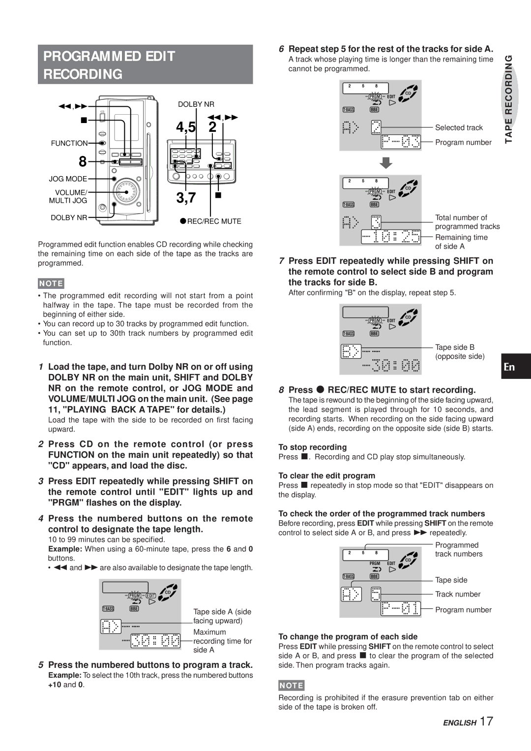 Aiwa XR-MS3 manual Programmed Edit Recording, Press the numbered buttons to program a track, Tracks for side B, +10 