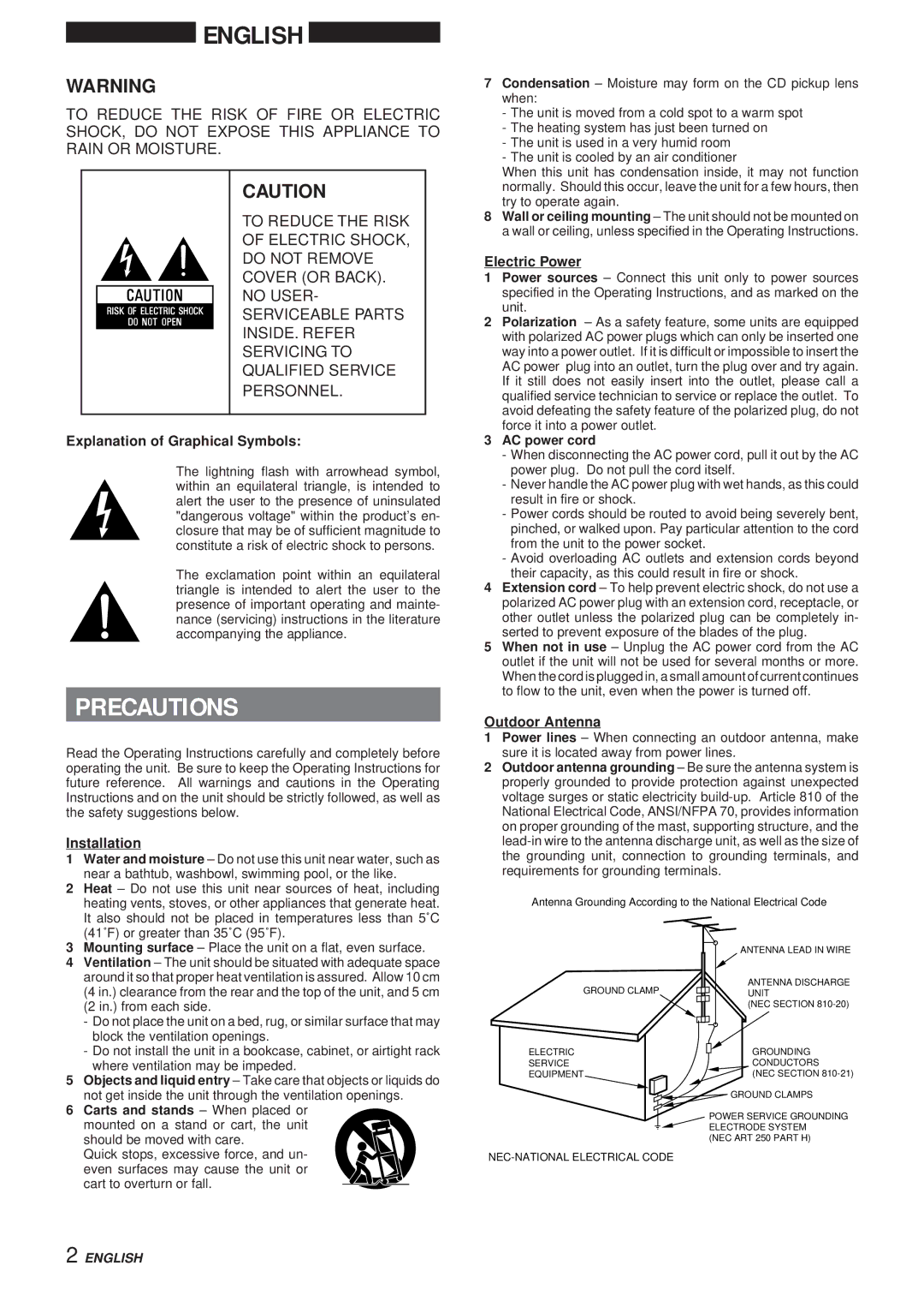 Aiwa XR-MS3 manual Precautions, Explanation of Graphical Symbols, Installation, Electric Power, Outdoor Antenna 