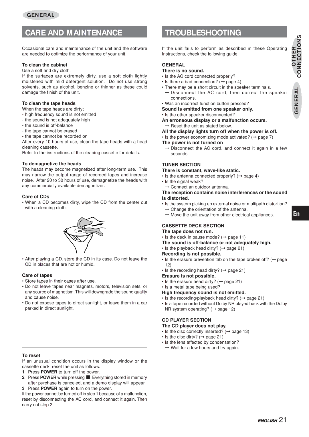 Aiwa XR-MS3 manual Care and Maintenance, Troubleshooting 