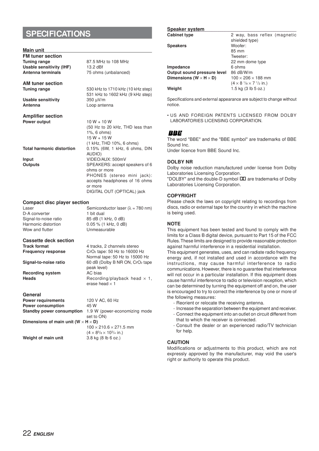 Aiwa XR-MS3 manual Specifications 