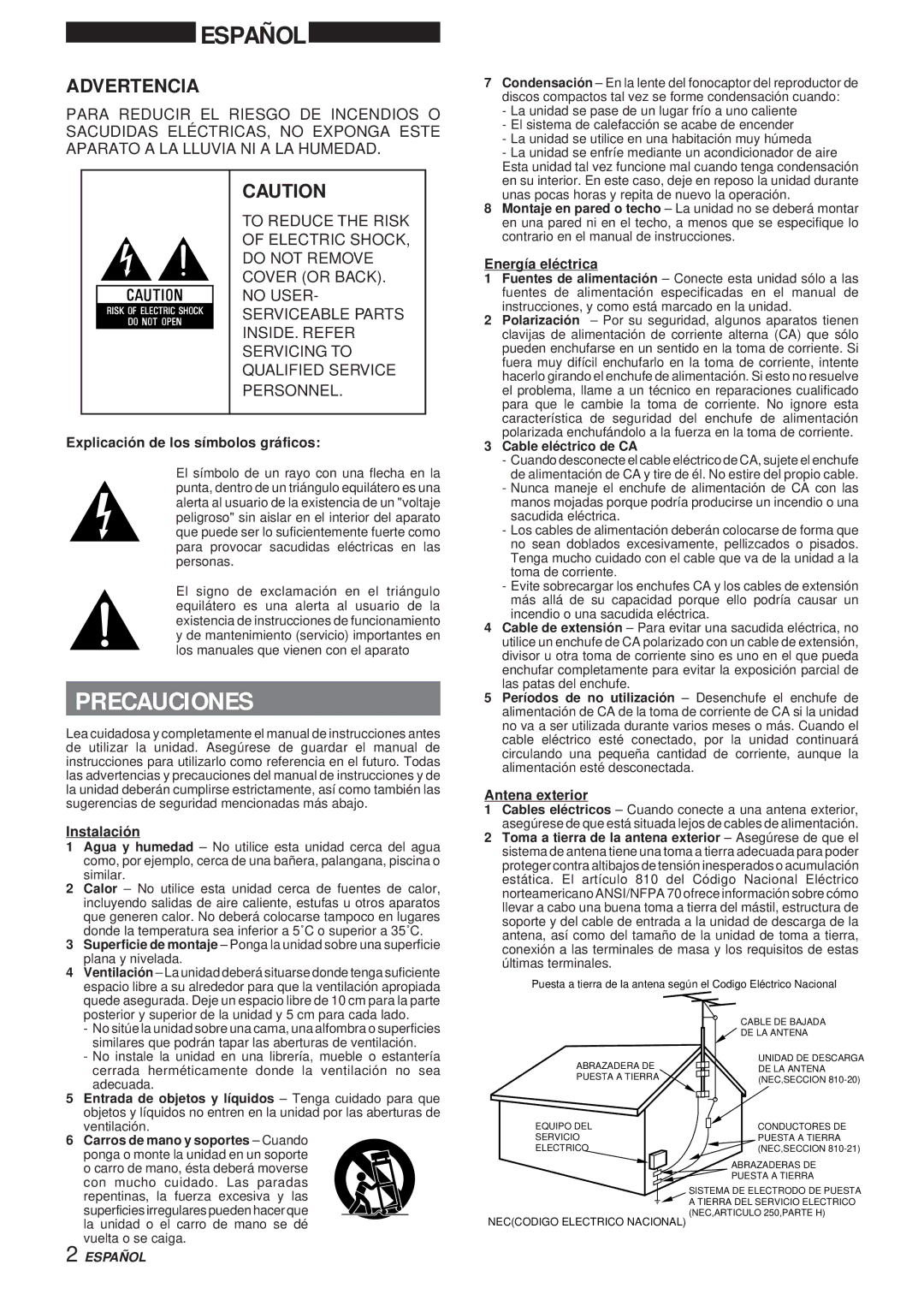 Aiwa XR-MS3 manual Precauciones, Advertencia 