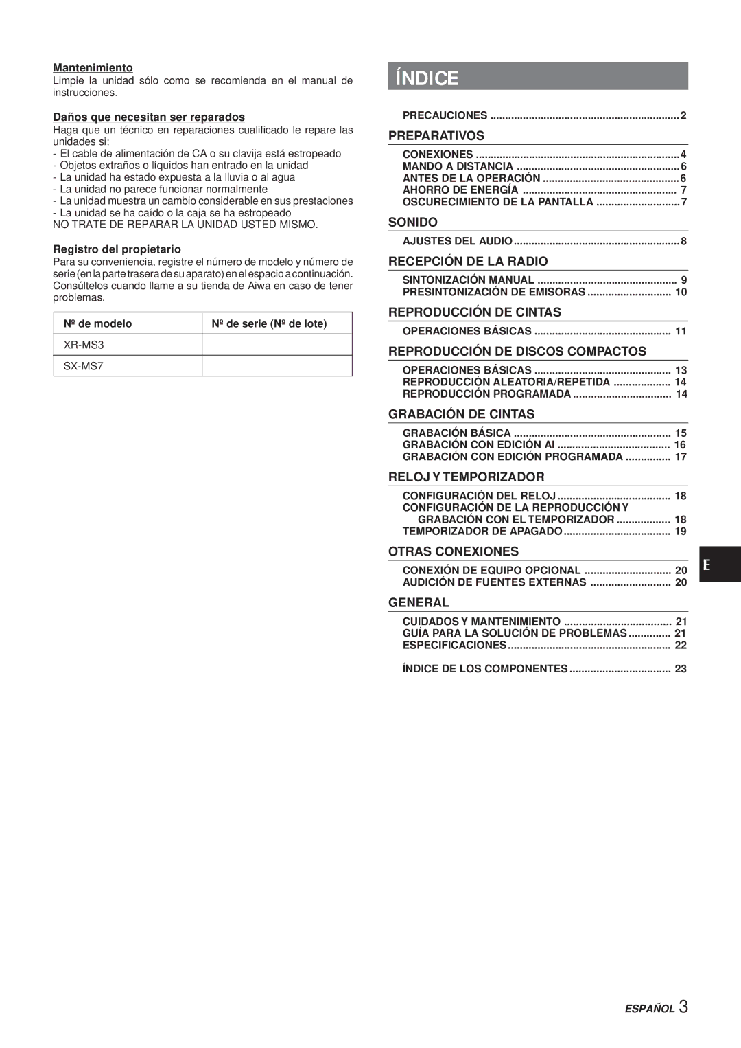 Aiwa XR-MS3 manual Índice, Mantenimiento, Daños que necesitan ser reparados, Registro del propietario 