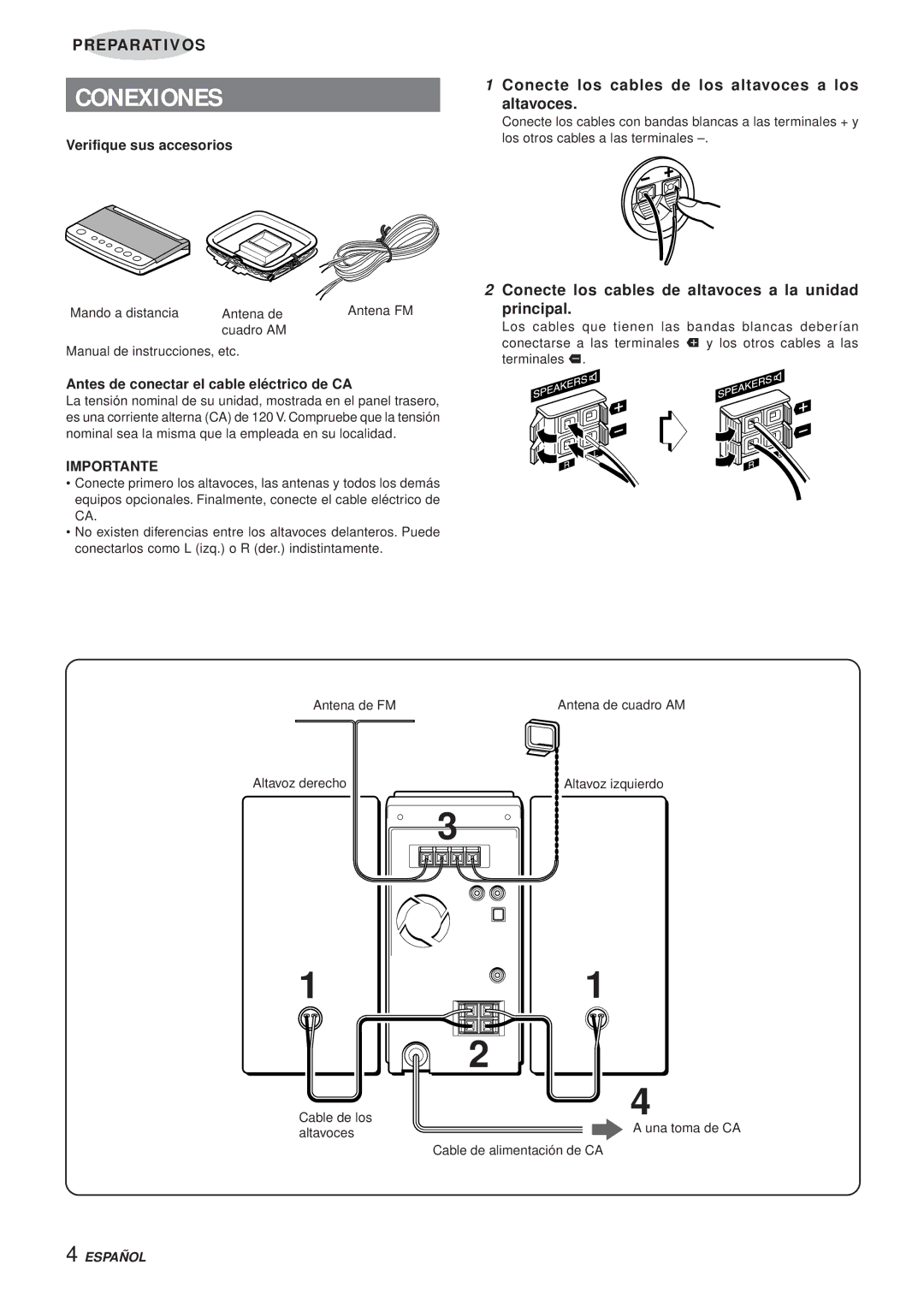 Aiwa XR-MS3 Conexiones, Conecte los cables de los altavoces a los altavoces, Conecte los cables de altavoces a la unidad 