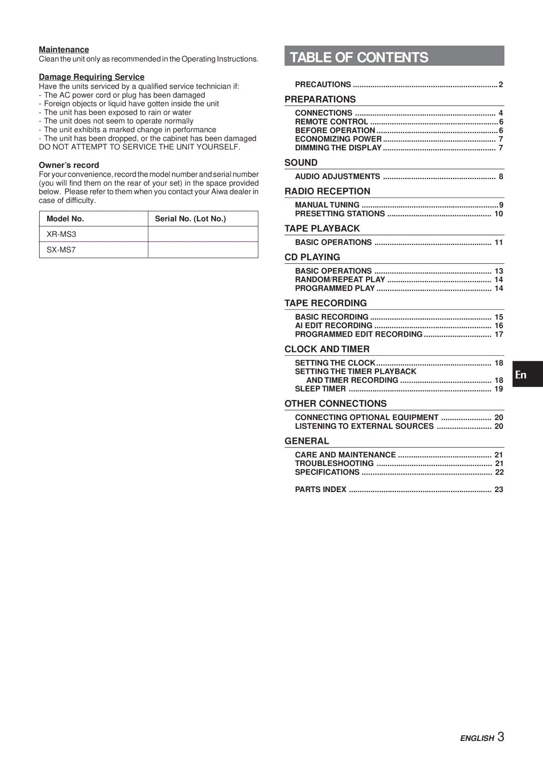 Aiwa XR-MS3 manual Table of Contents 