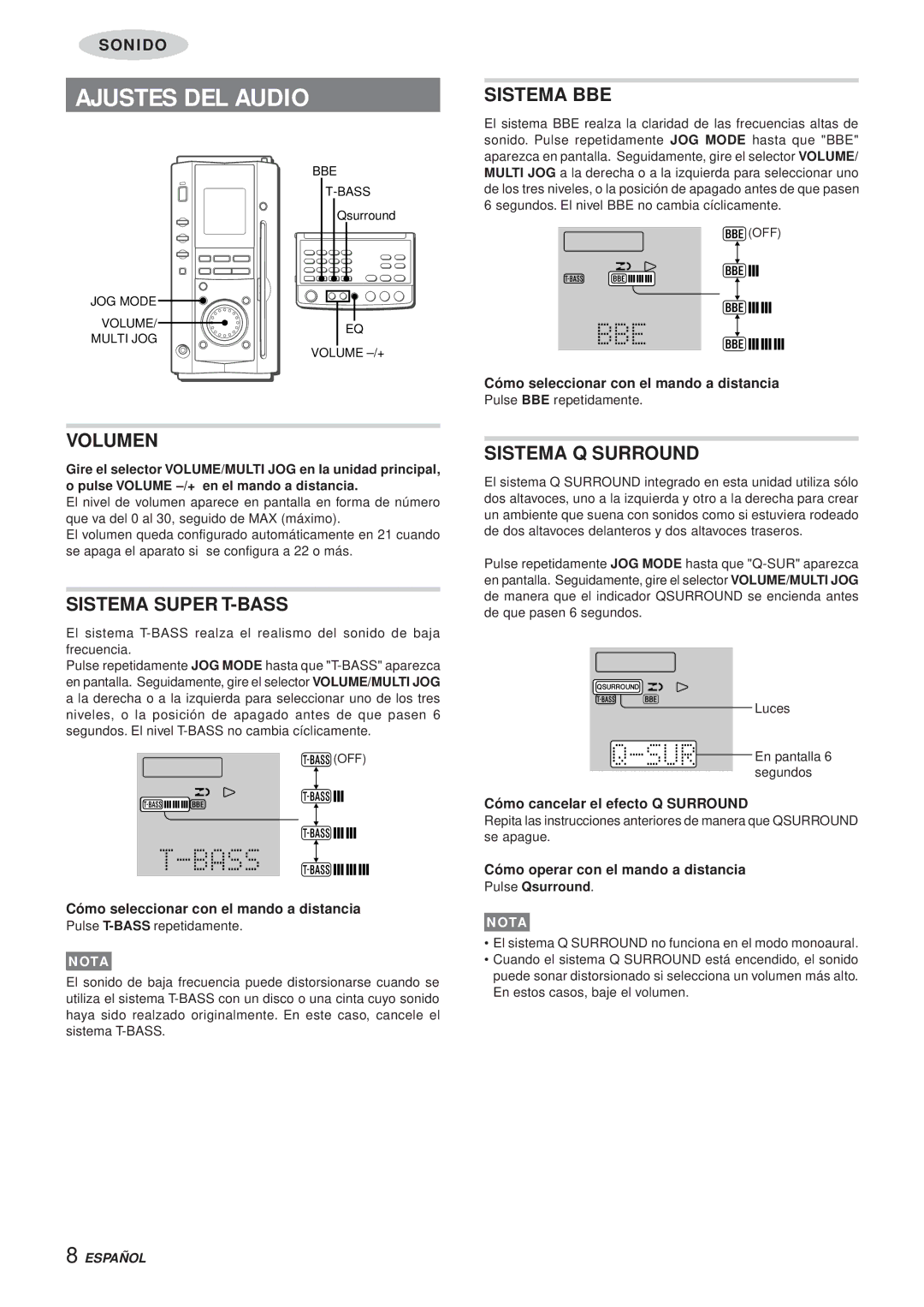 Aiwa XR-MS3 manual Ajustes DEL Audio, Volumen, Sistema Super T-BASS, Sistema BBE, Sistema Q Surround 