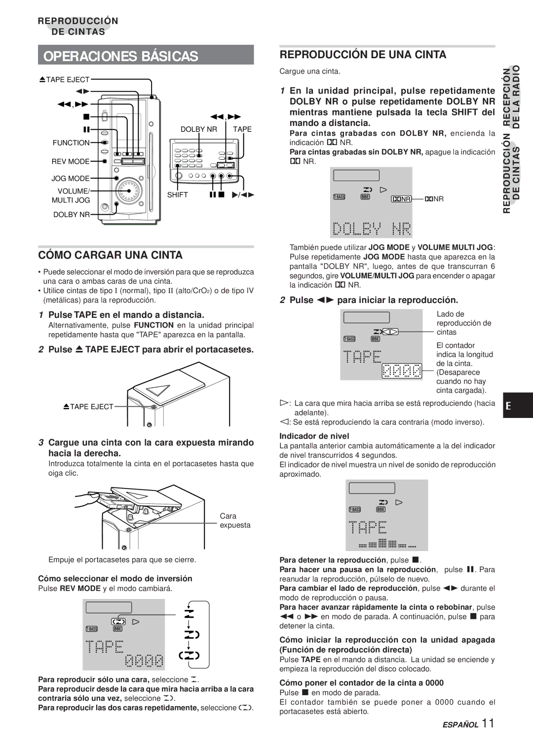 Aiwa XR-MS3 manual Operaciones Básicas, Cómo Cargar UNA Cinta, Pulse Tape en el mando a distancia 