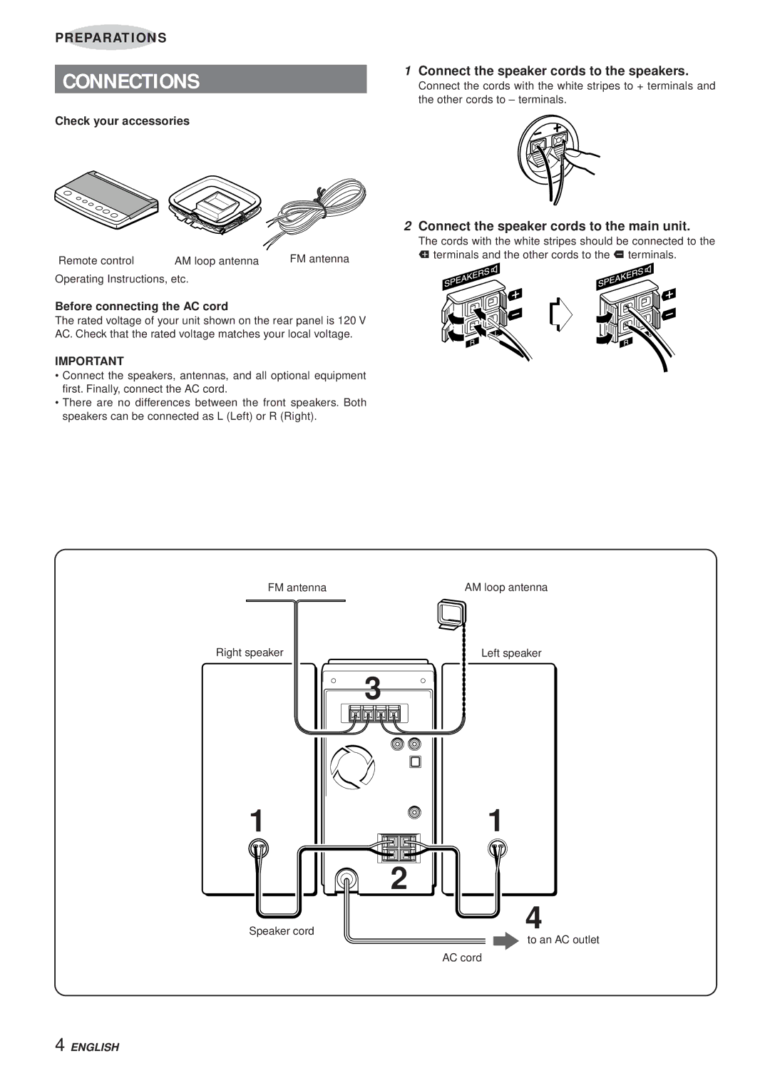 Aiwa XR-MS3 Connect the speaker cords to the speakers, Connect the speaker cords to the main unit, Check your accessories 