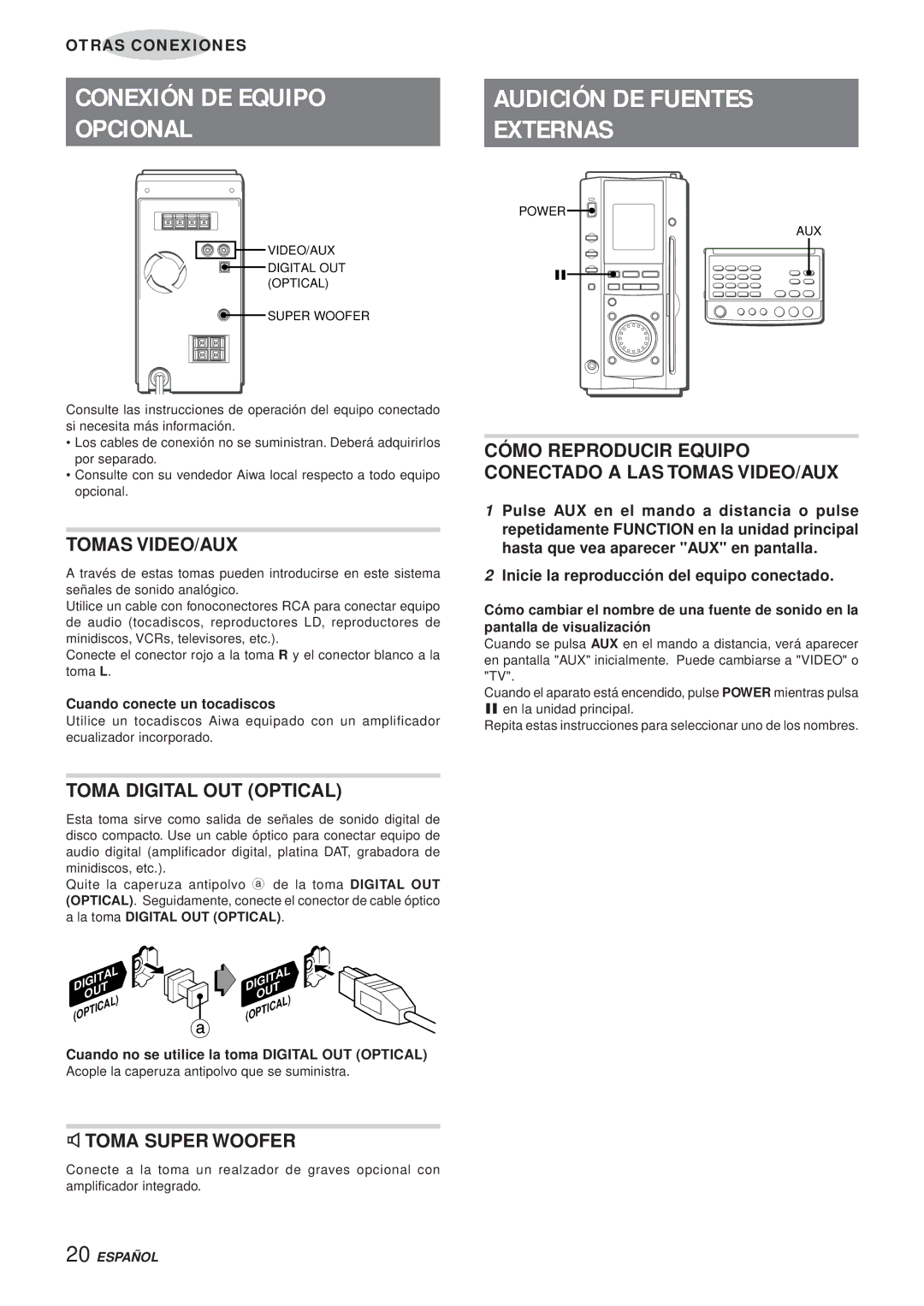 Aiwa XR-MS3 manual Conexión DE Equipo Opcional, Audición DE Fuentes Externas 