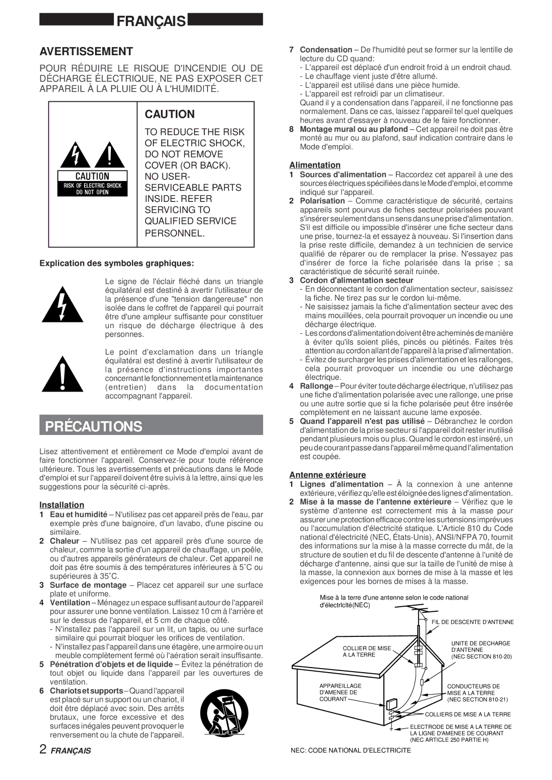 Aiwa XR-MS3 manual Précautions, Avertissement, Explication des symboles graphiques, Alimentation, Antenne extérieure 