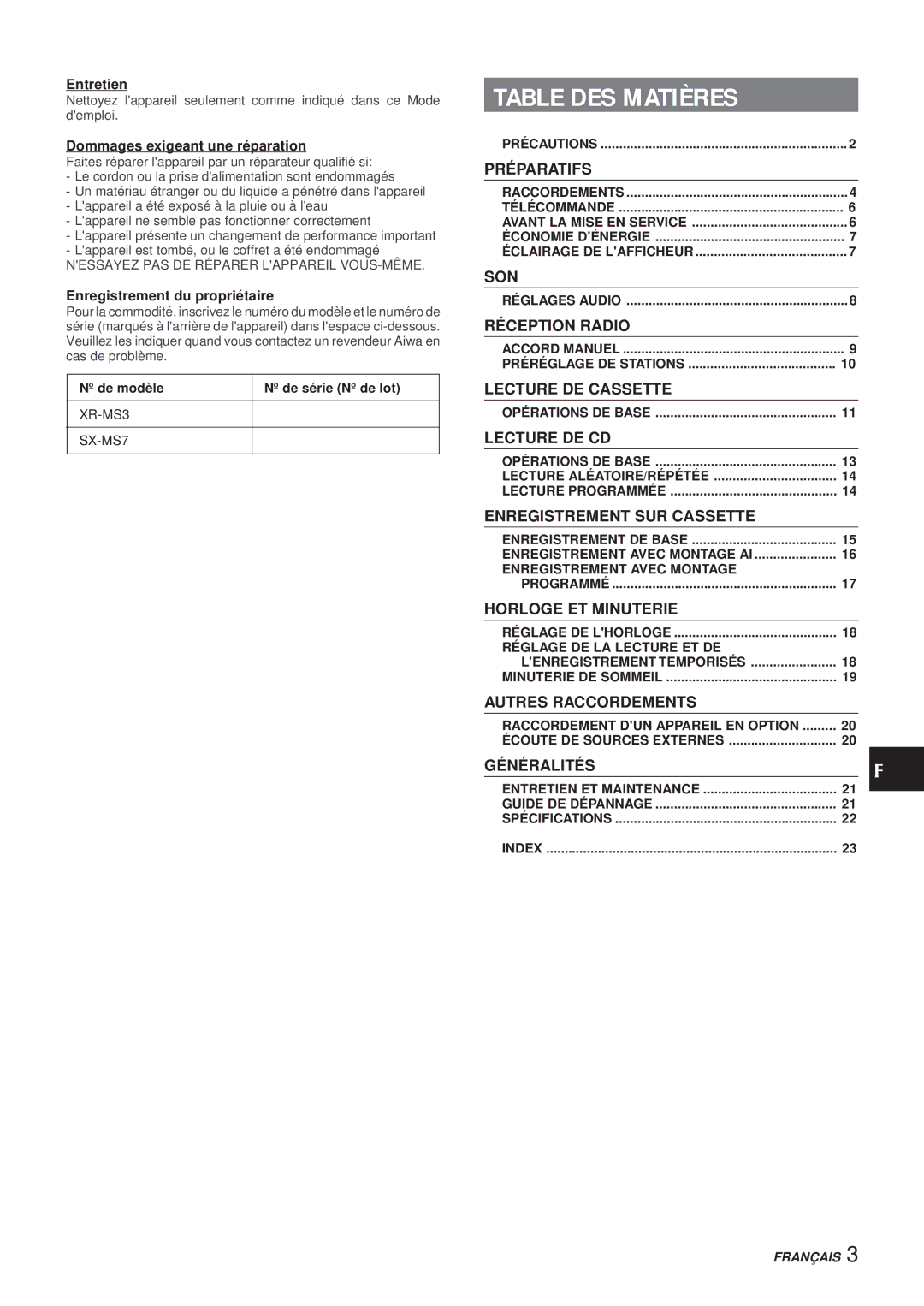 Aiwa XR-MS3 manual Table DES Matières, Entretien, Dommages exigeant une réparation, Enregistrement du propriétaire 