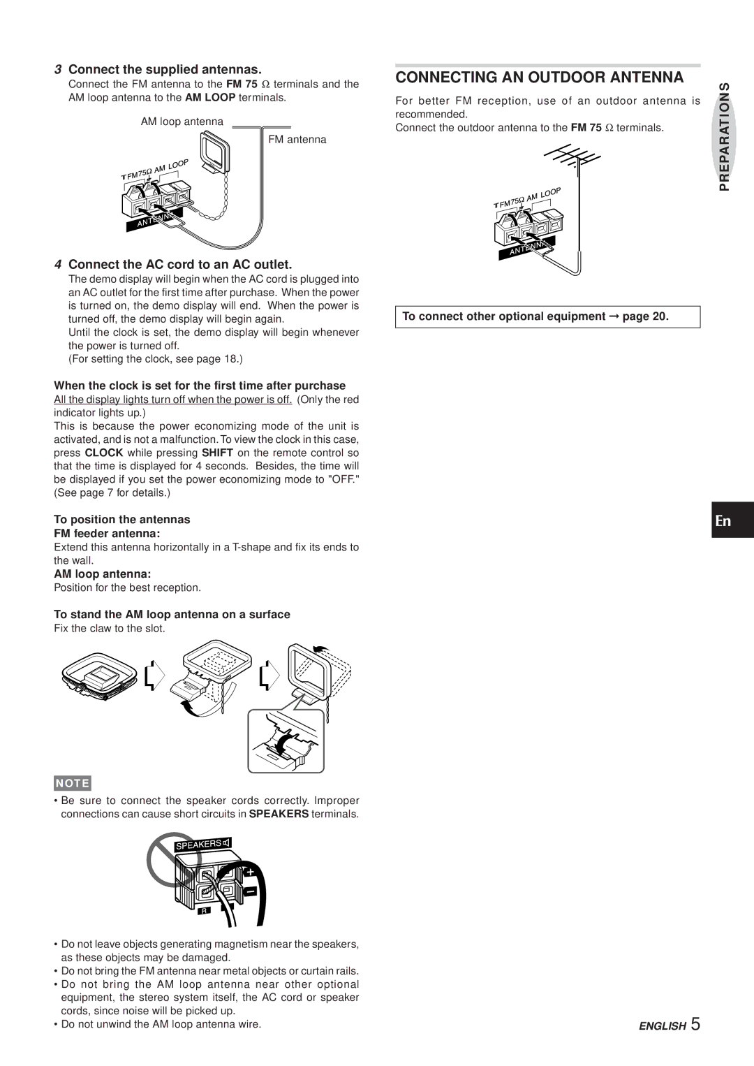 Aiwa XR-MS3 manual Connecting AN Outdoor Antenna, Connect the supplied antennas, Connect the AC cord to an AC outlet 