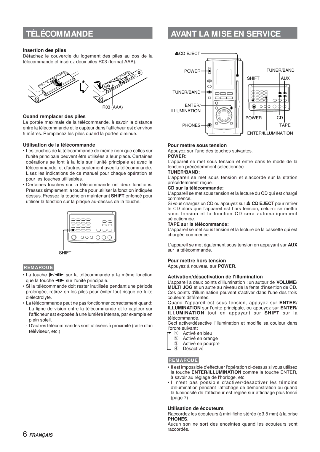 Aiwa XR-MS3 manual Télécommande, Avant LA Mise EN Service 