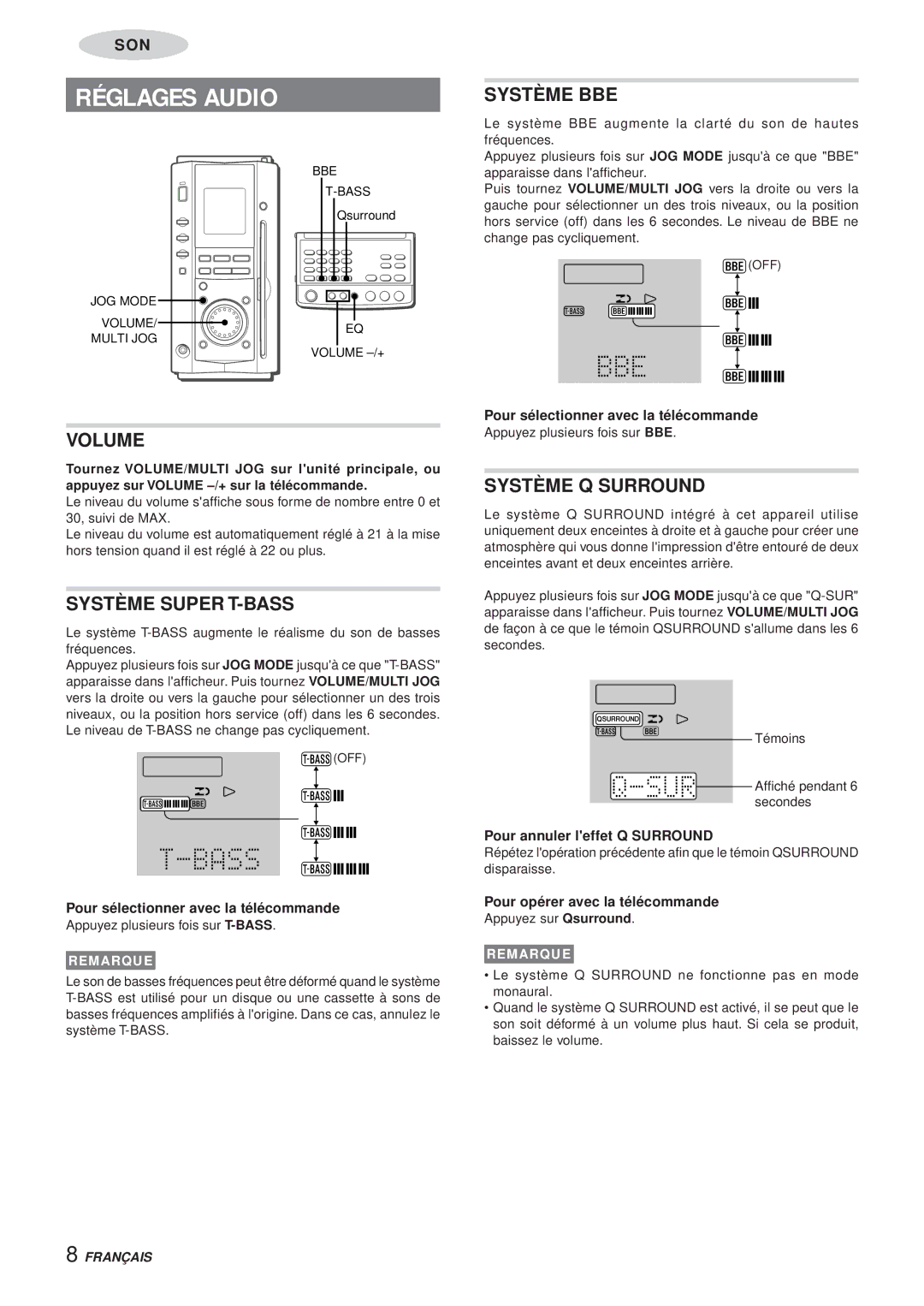 Aiwa XR-MS3 manual Réglages Audio, Système BBE, Système Super T-BASS, Système Q Surround 