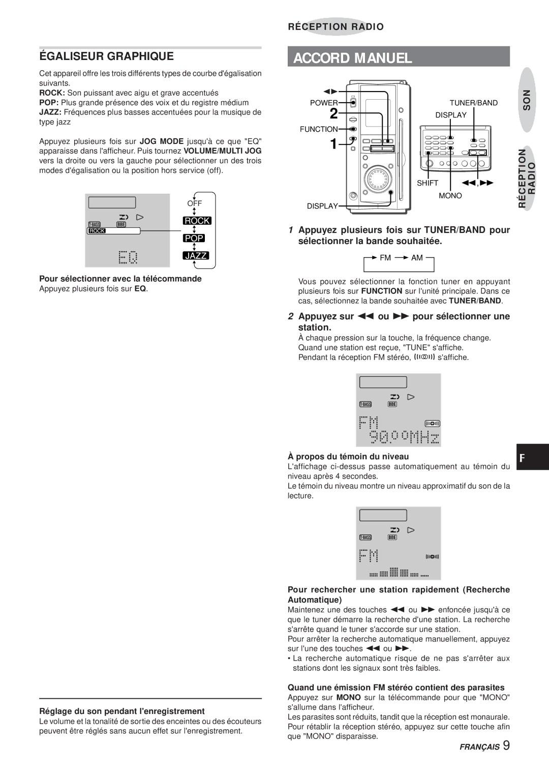 Aiwa XR-MS3 manual Accord Manuel, Égaliseur Graphique, Appuyez sur f ou g pour sélectionner une station 