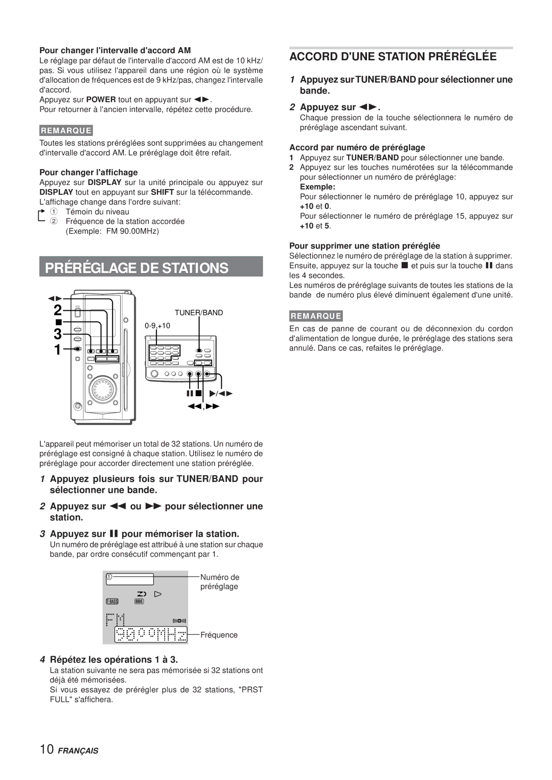 Aiwa XR-MS3 manual Préréglage DE Stations, Accord Dune Station Préréglée, Répétez les opérations 1 à 